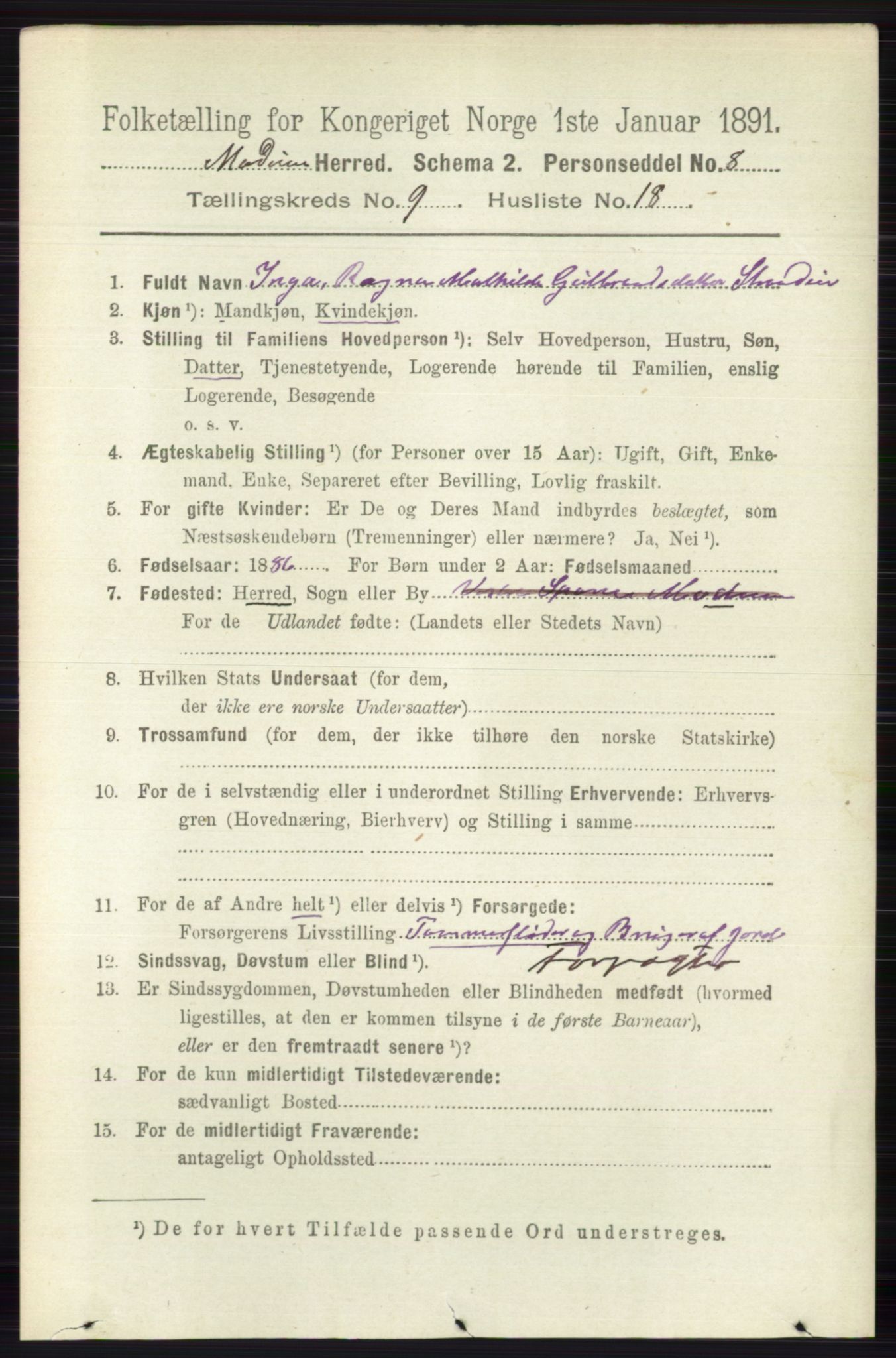 RA, 1891 census for 0623 Modum, 1891, p. 3567