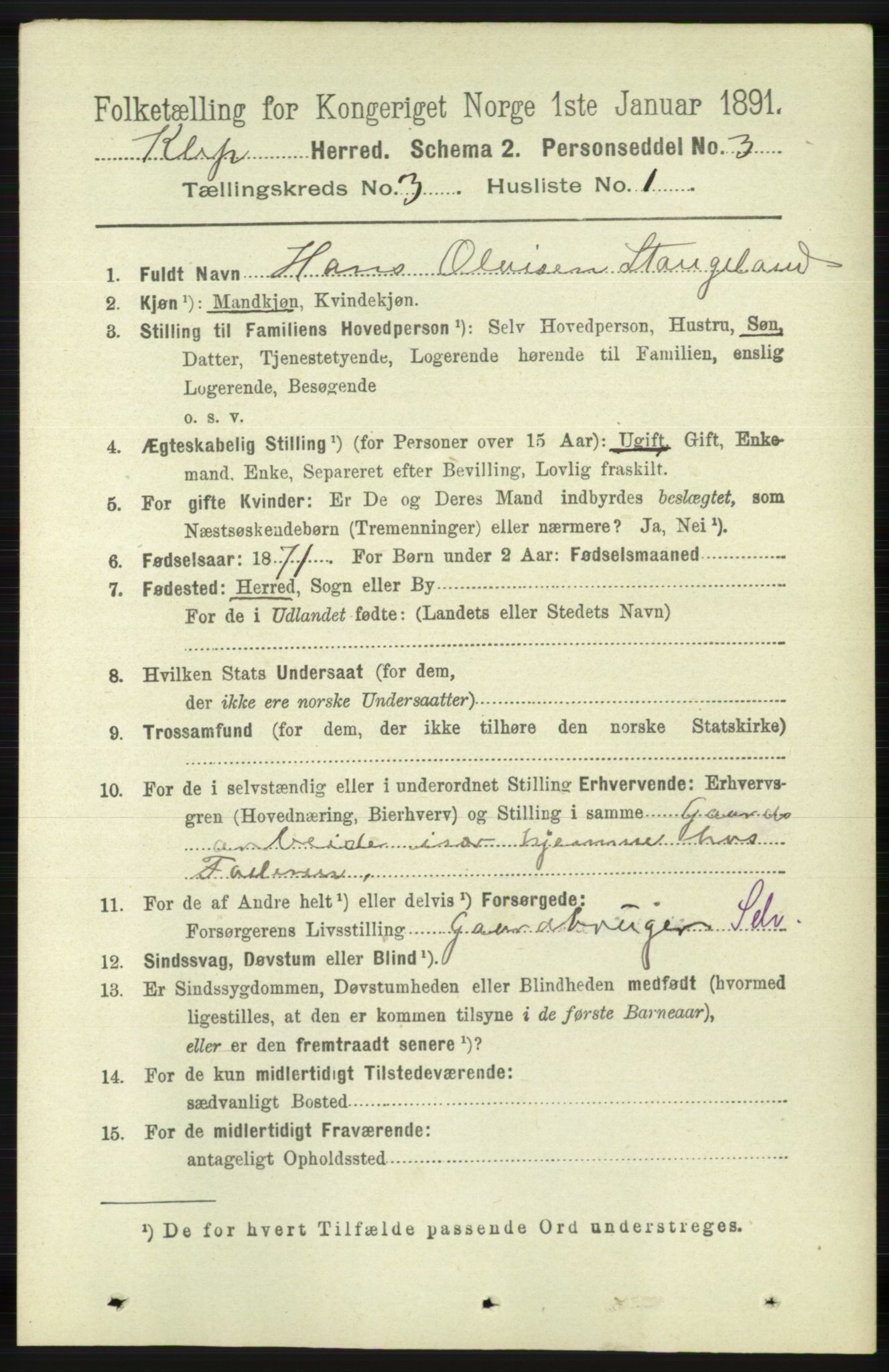 RA, 1891 census for 1120 Klepp, 1891, p. 643