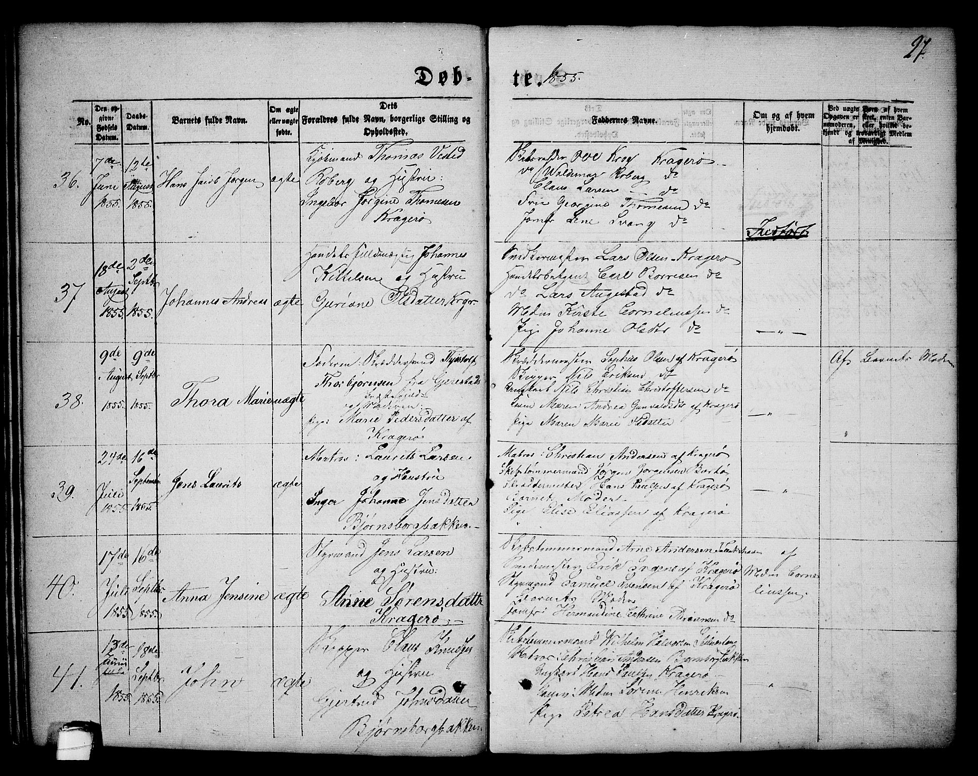 Kragerø kirkebøker, AV/SAKO-A-278/G/Ga/L0004: Parish register (copy) no. 4, 1853-1865, p. 27