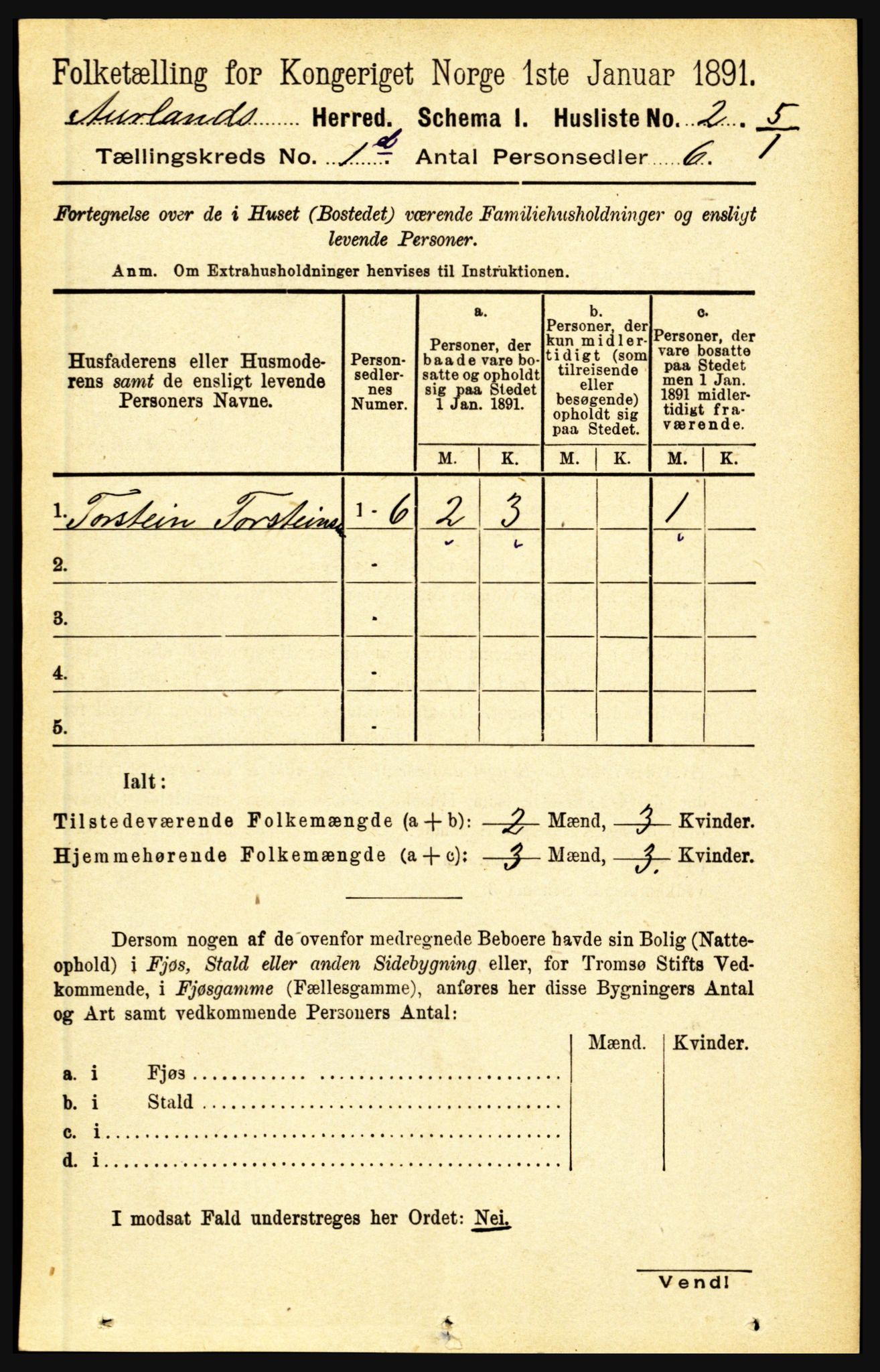 RA, 1891 census for 1421 Aurland, 1891, p. 108