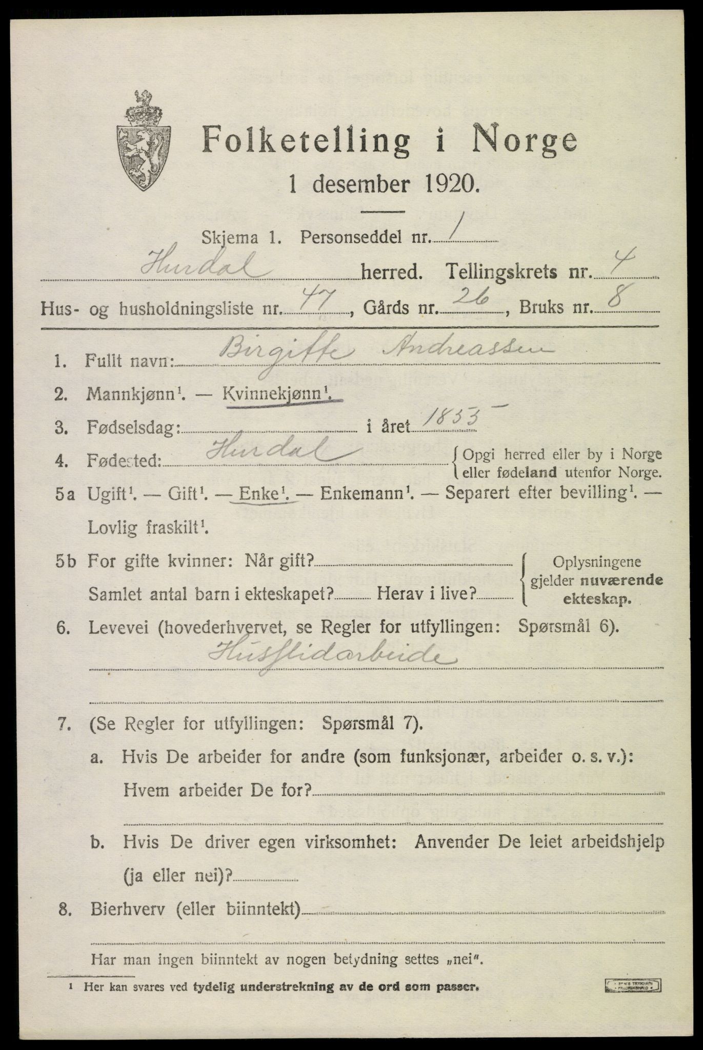 SAO, 1920 census for Hurdal, 1920, p. 2934