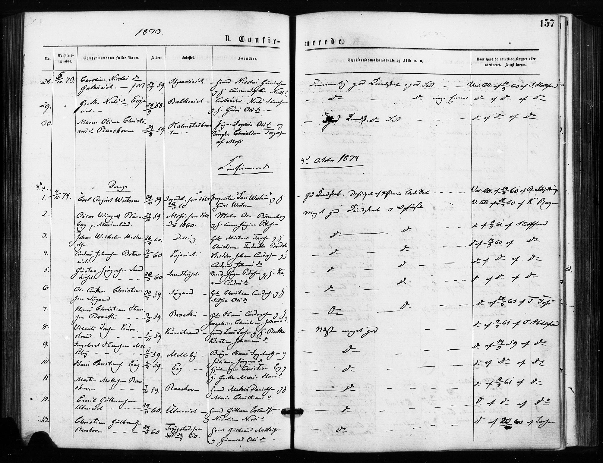 Rygge prestekontor Kirkebøker, SAO/A-10084b/F/Fa/L0006: Parish register (official) no. 6, 1872-1877, p. 157