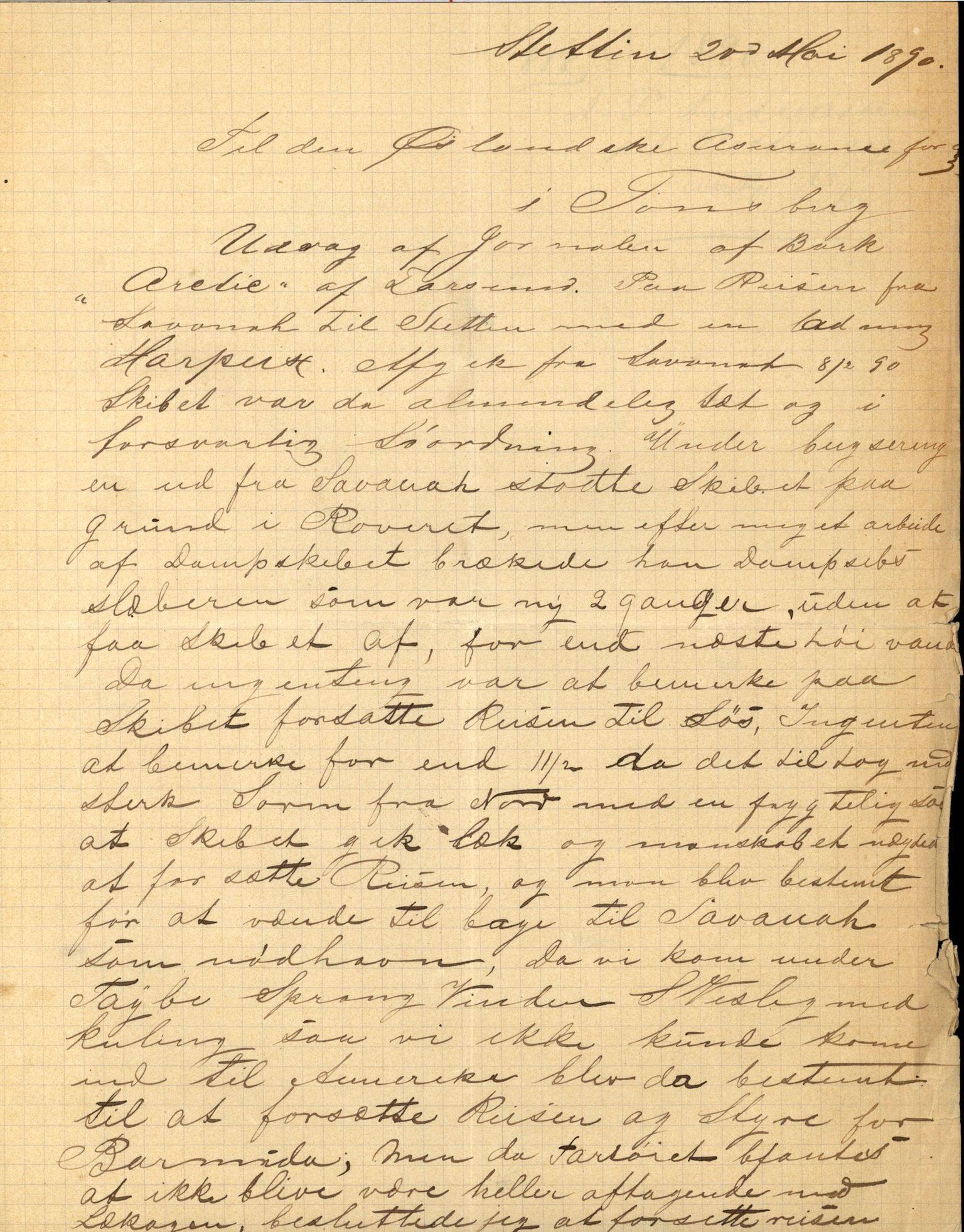 Pa 63 - Østlandske skibsassuranceforening, VEMU/A-1079/G/Ga/L0026/0007: Havaridokumenter / Arctic, Biskop Brun, Agnese, Annie, Alma, Bertha Rød, 1890, p. 2