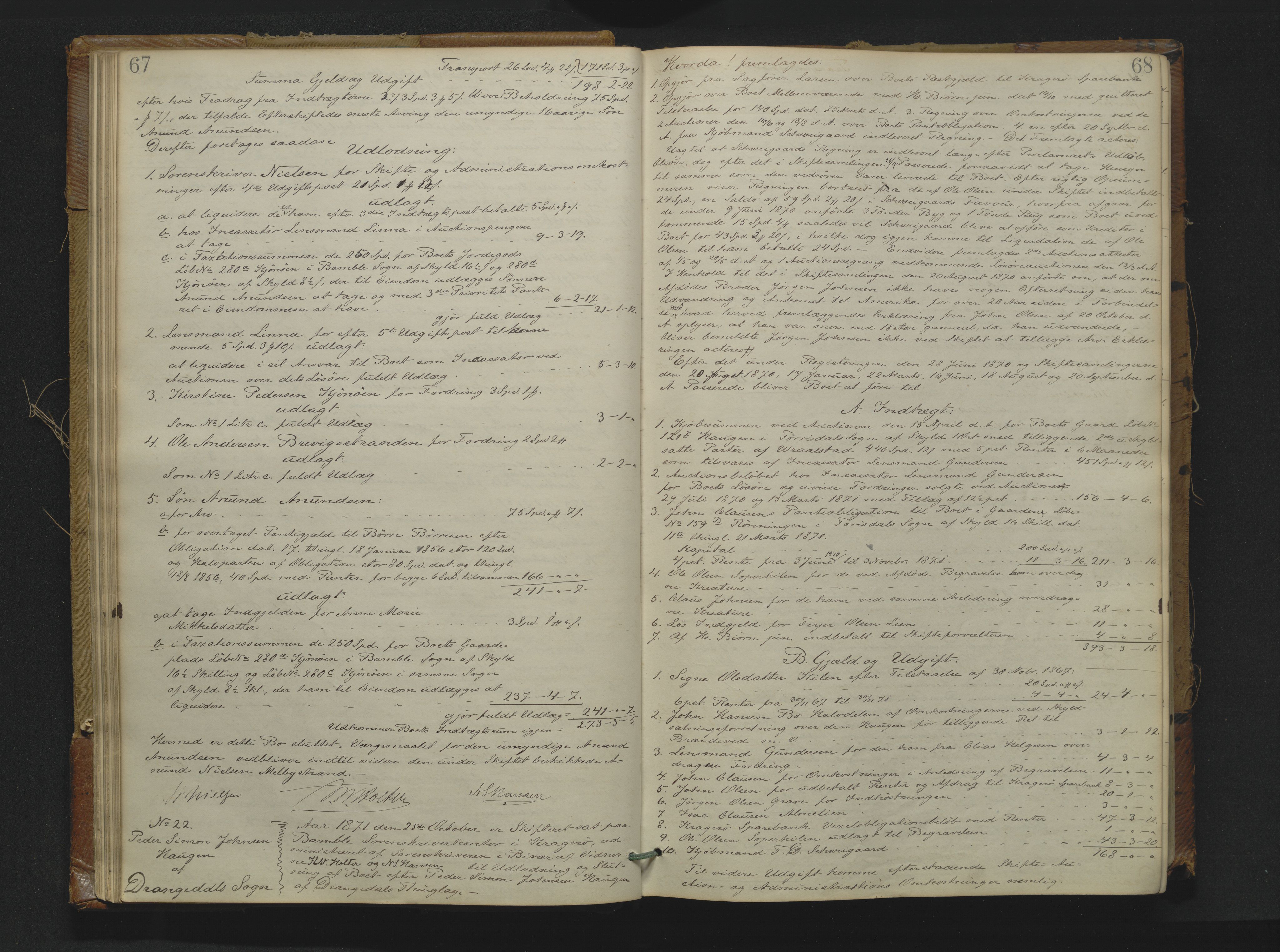 Bamble sorenskriveri, AV/SAKO-A-214/H/Hb/Hbd/L0008: Skifteutlodningsprotokoll, 1870-1882, p. 67-68