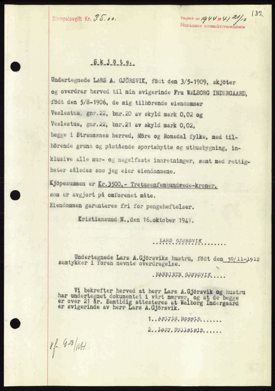 Nordmøre sorenskriveri, AV/SAT-A-4132/1/2/2Ca: Mortgage book no. A91, 1941-1942, Diary no: : 1944/1941