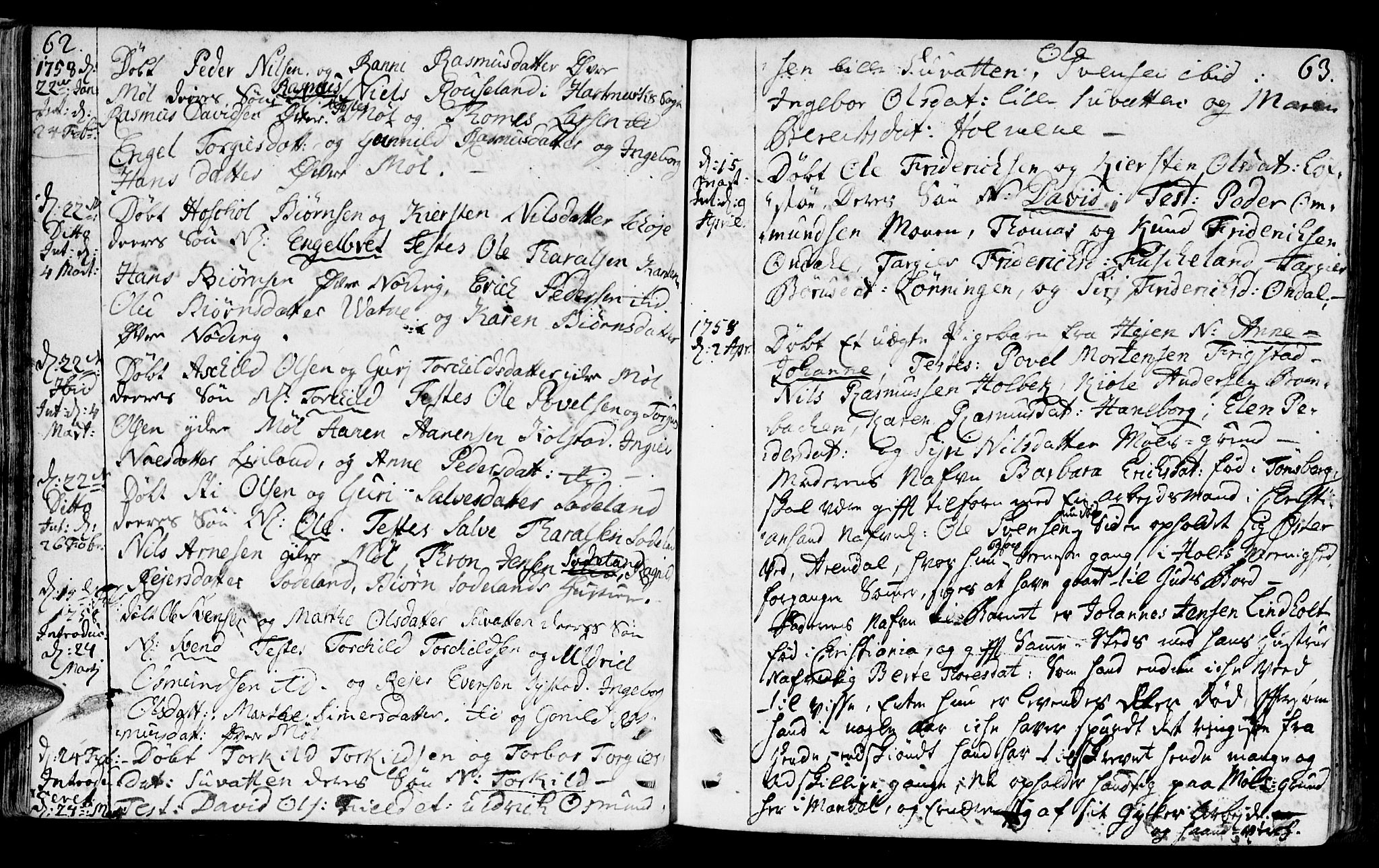 Holum sokneprestkontor, SAK/1111-0022/F/Fa/Faa/L0002: Parish register (official) no. A 2, 1756-1780, p. 62-63