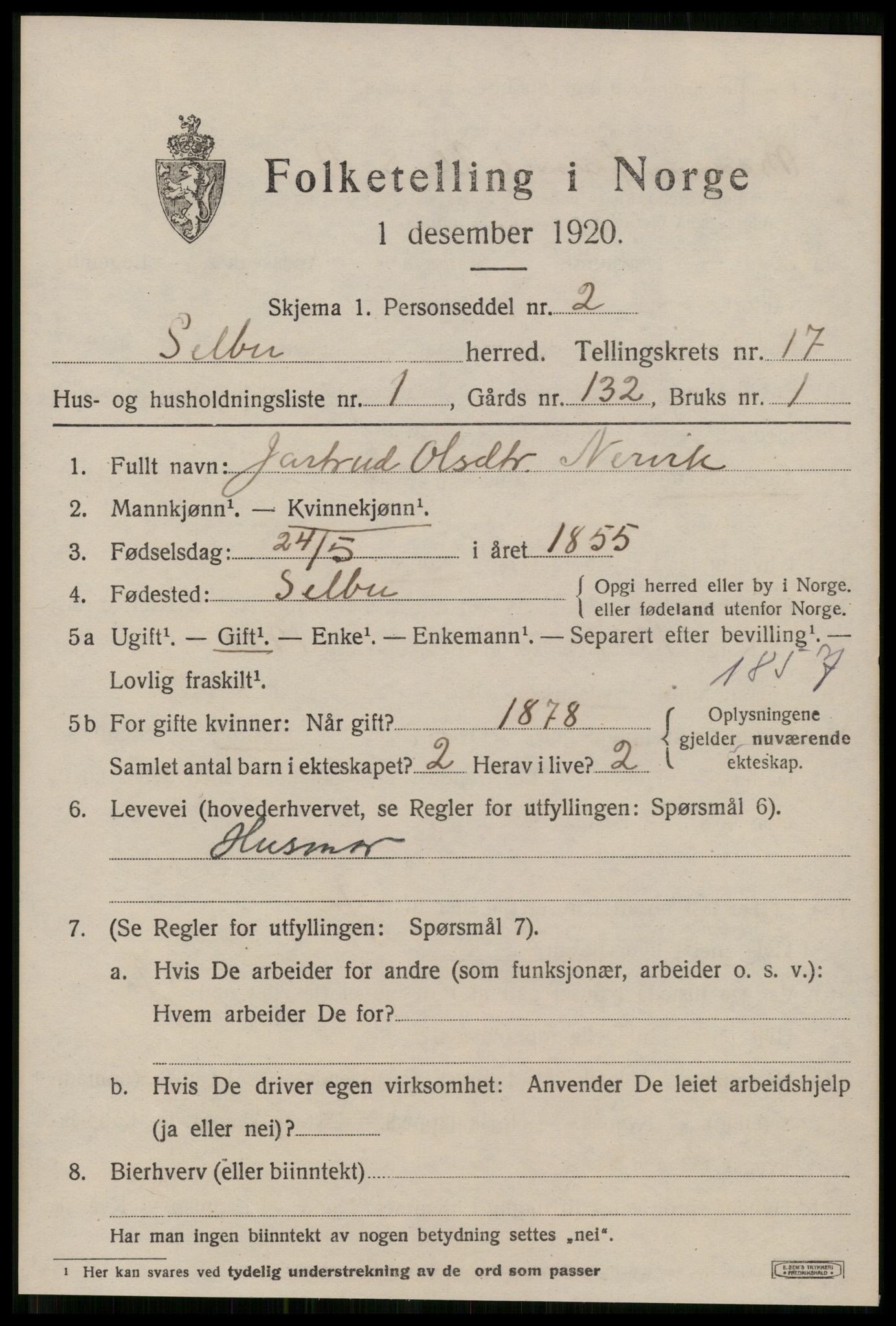 SAT, 1920 census for Selbu, 1920, p. 8882