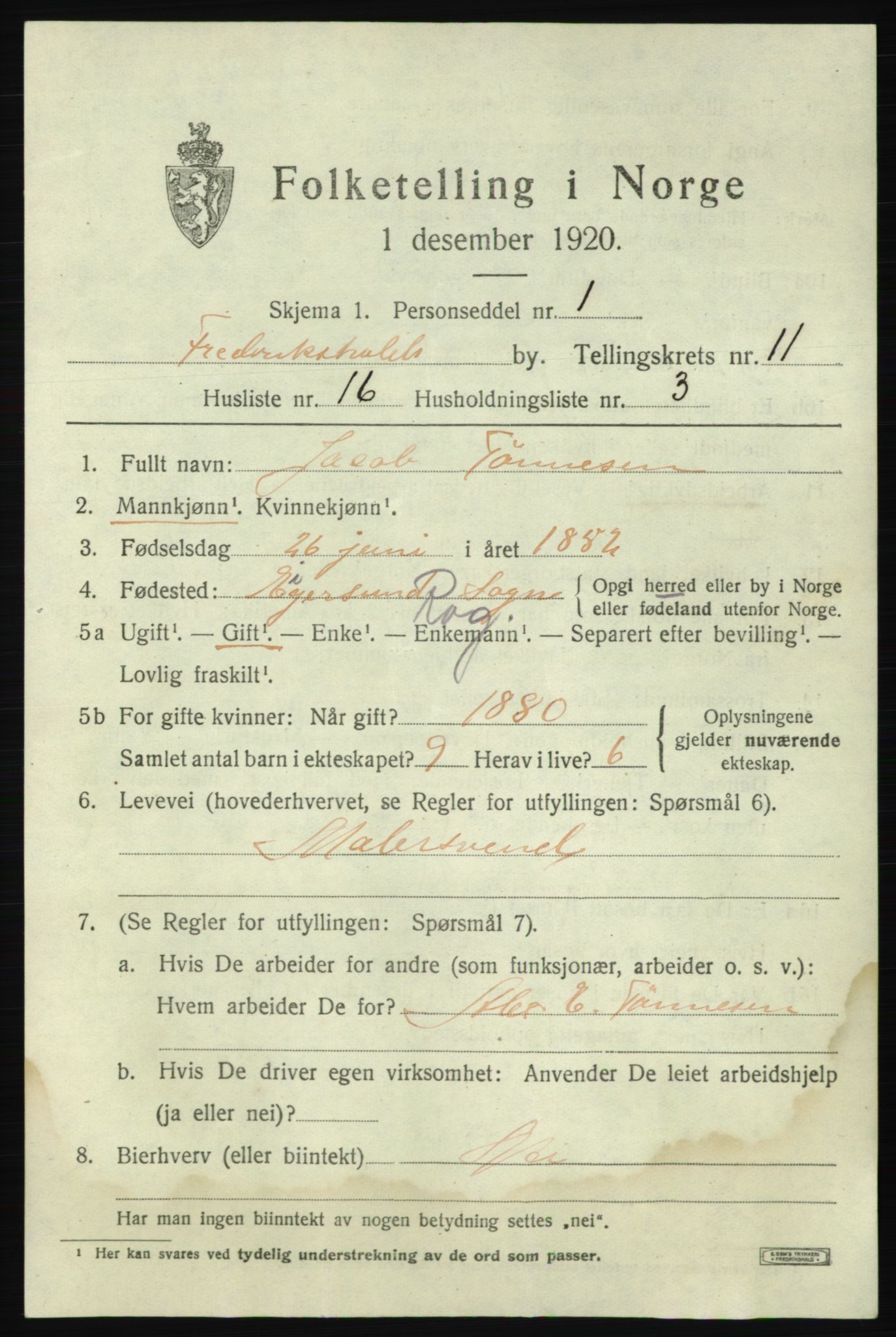 SAO, 1920 census for Fredrikshald, 1920, p. 19155