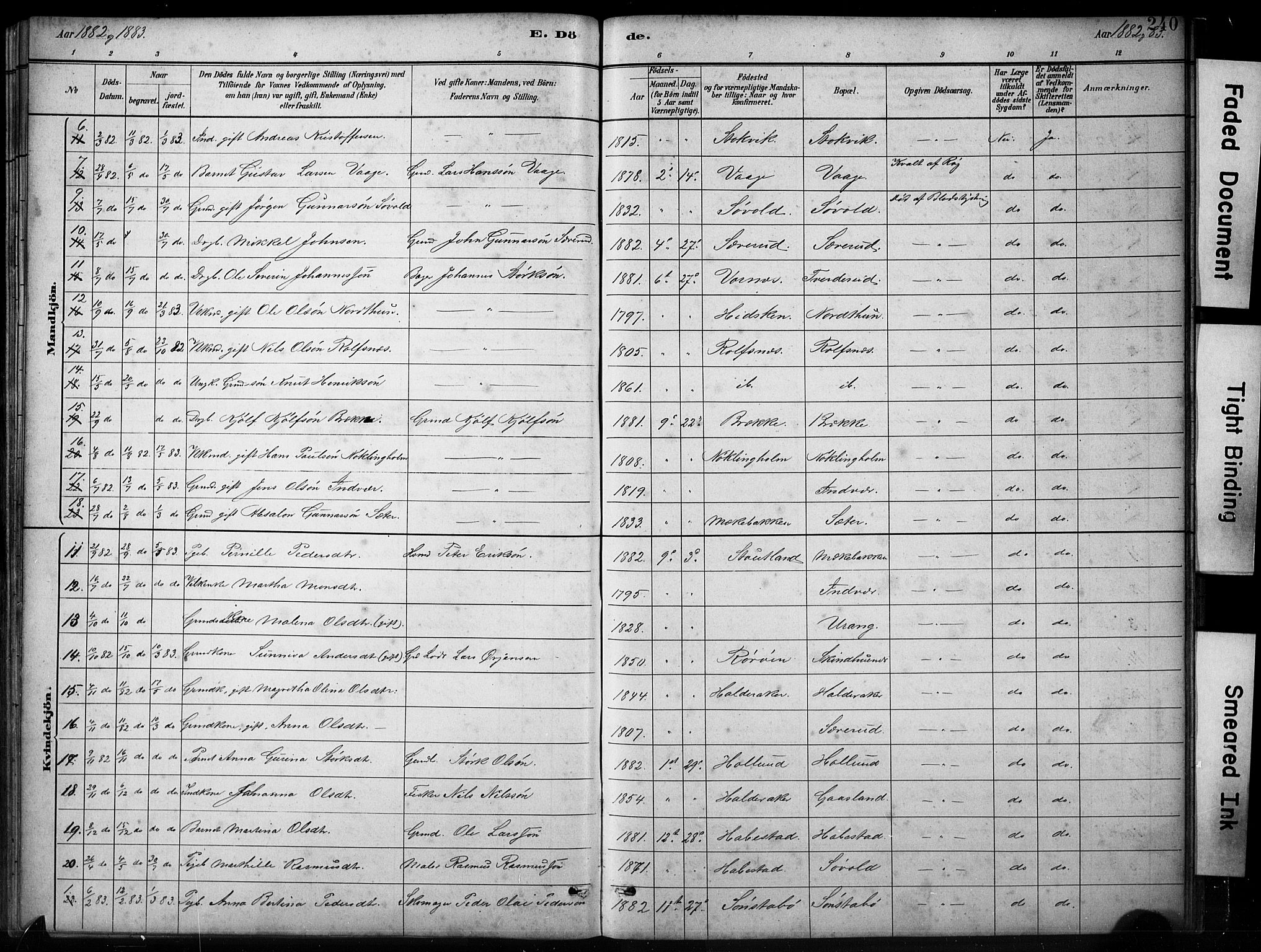 Finnås sokneprestembete, SAB/A-99925/H/Ha/Hab/Habb/L0003: Parish register (copy) no. B 3, 1882-1897, p. 240