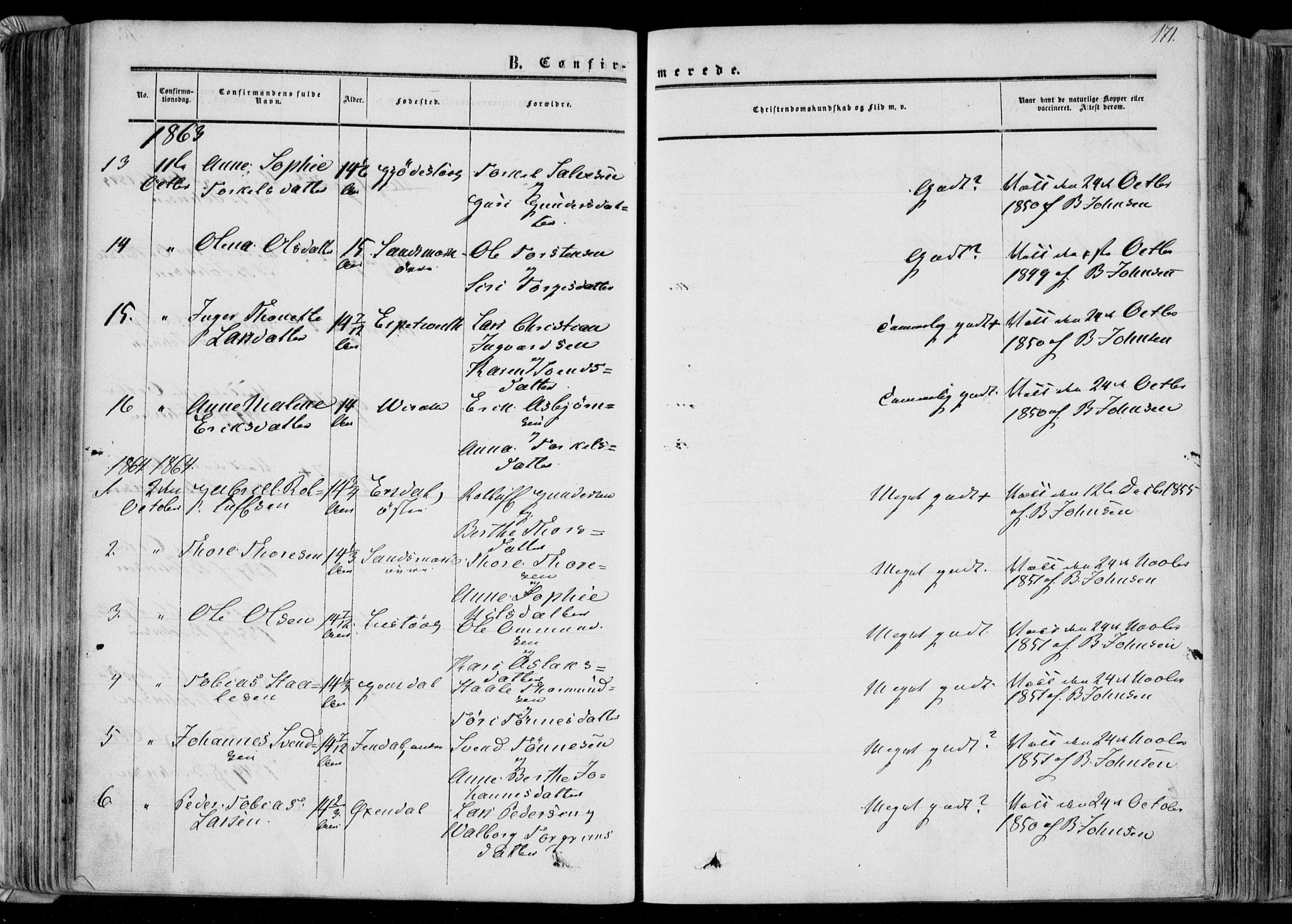 Bakke sokneprestkontor, SAK/1111-0002/F/Fa/Faa/L0006: Parish register (official) no. A 6, 1855-1877, p. 171