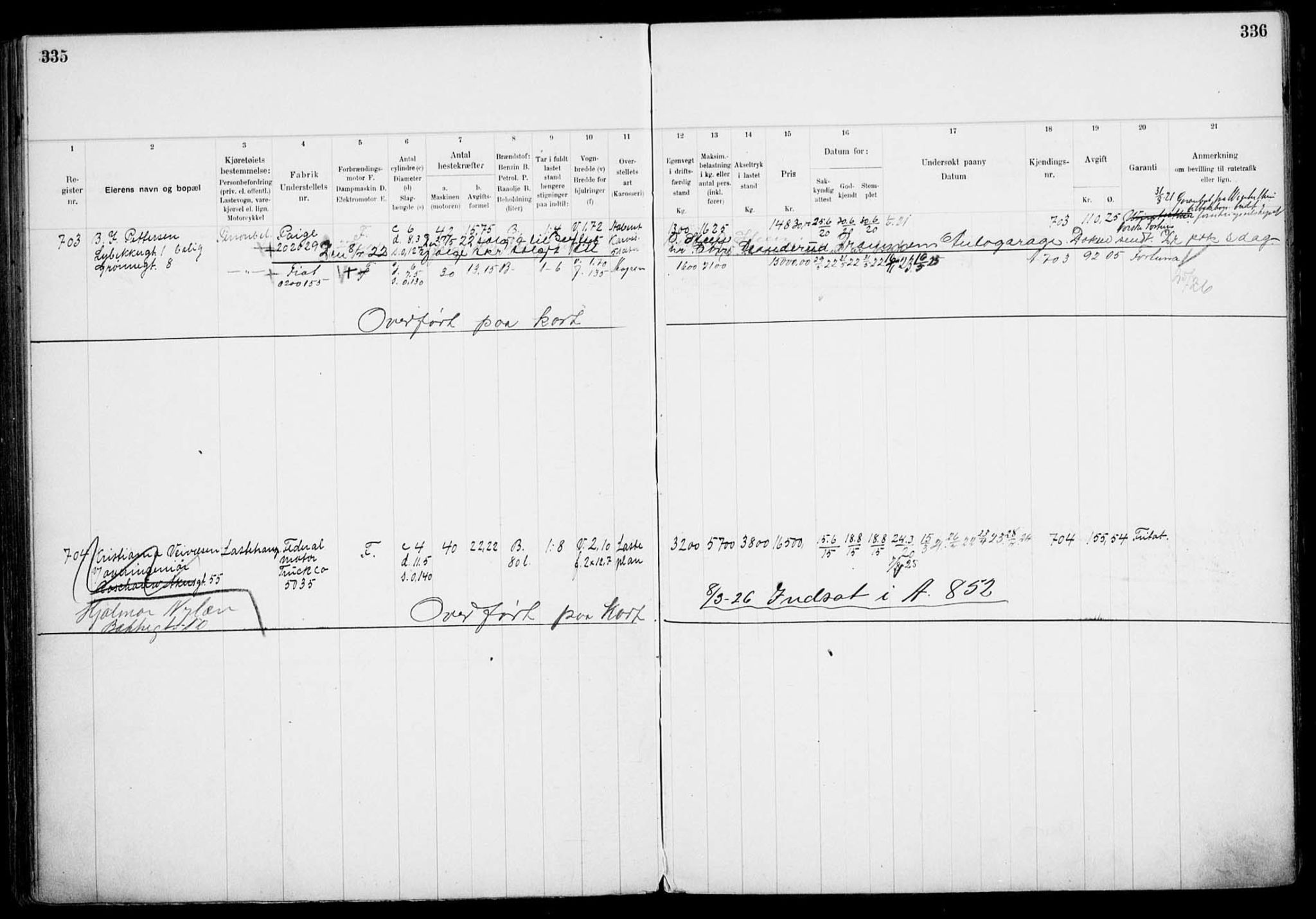 Vegdirektoratet, Bilavdelingen M, AV/RA-S-1663/F/Fa/L0002: Bilregisterprotokoll. Reg.nr. A1-A29 og A400-A902, 1913-1926, p. 335-336