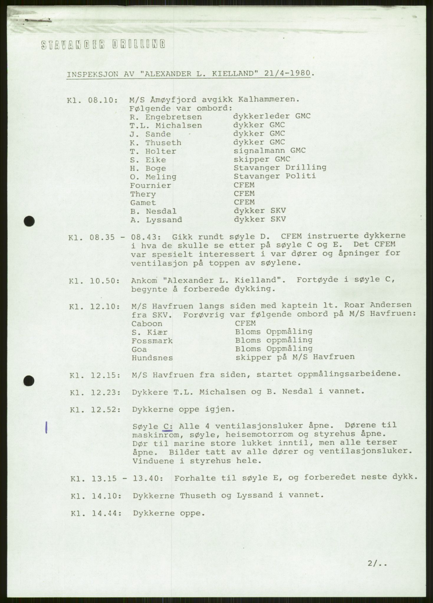 Justisdepartementet, Granskningskommisjonen ved Alexander Kielland-ulykken 27.3.1980, AV/RA-S-1165/D/L0006: A Alexander L. Kielland (Doku.liste + A3-A6, A11-A13, A18-A20-A21, A23, A31 av 31)/Dykkerjournaler, 1980-1981, p. 106