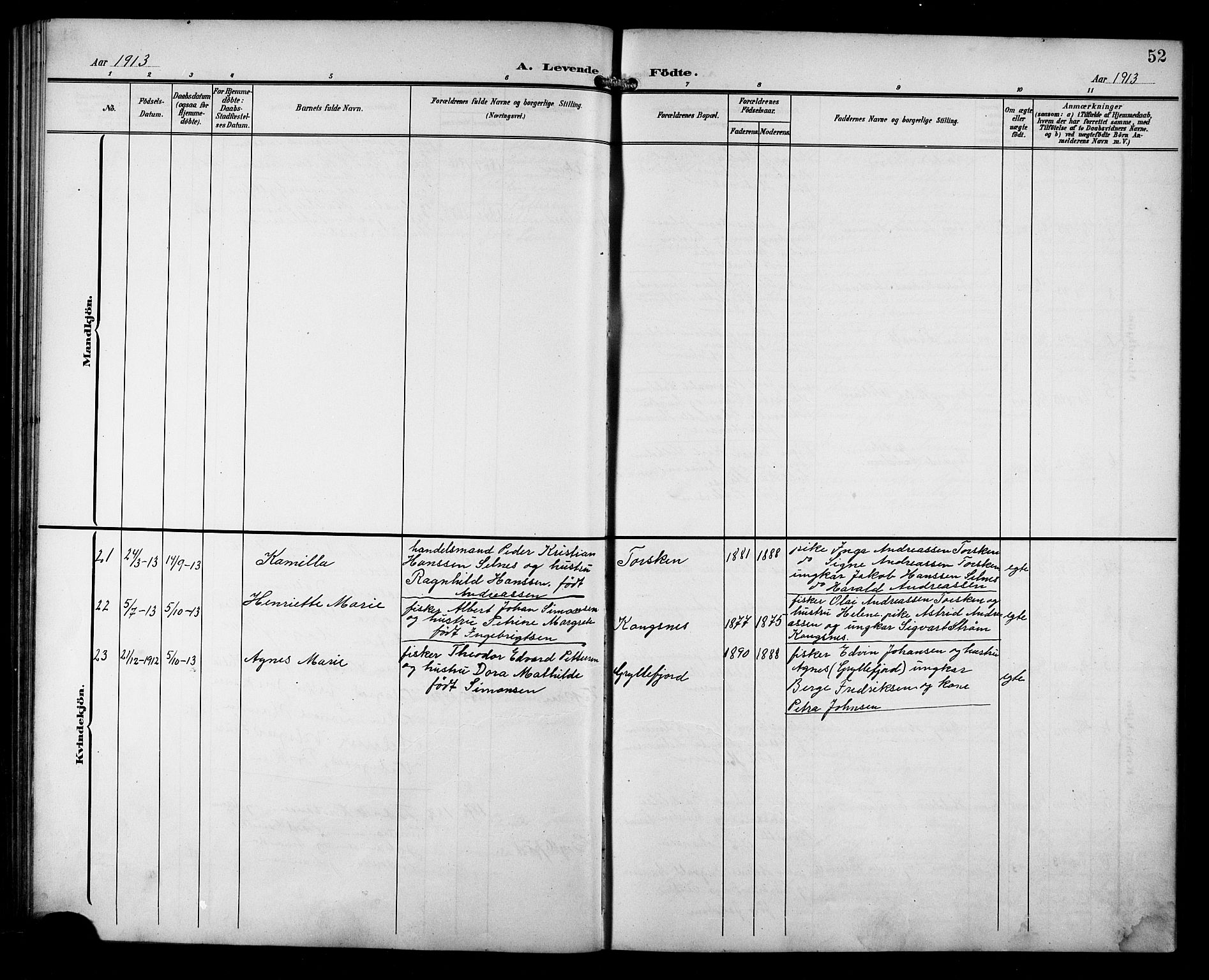 Berg sokneprestkontor, AV/SATØ-S-1318/G/Ga/Gab/L0013klokker: Parish register (copy) no. 13, 1902-1922, p. 52