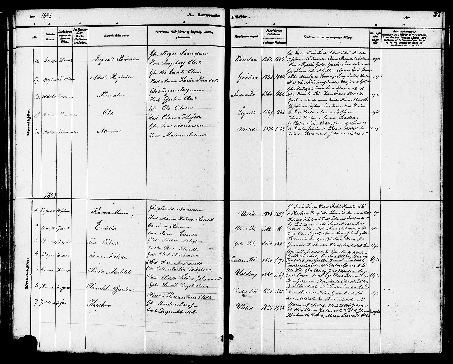 Hetland sokneprestkontor, SAST/A-101826/30/30BB/L0006: Parish register (copy) no. B 6, 1878-1921, p. 37