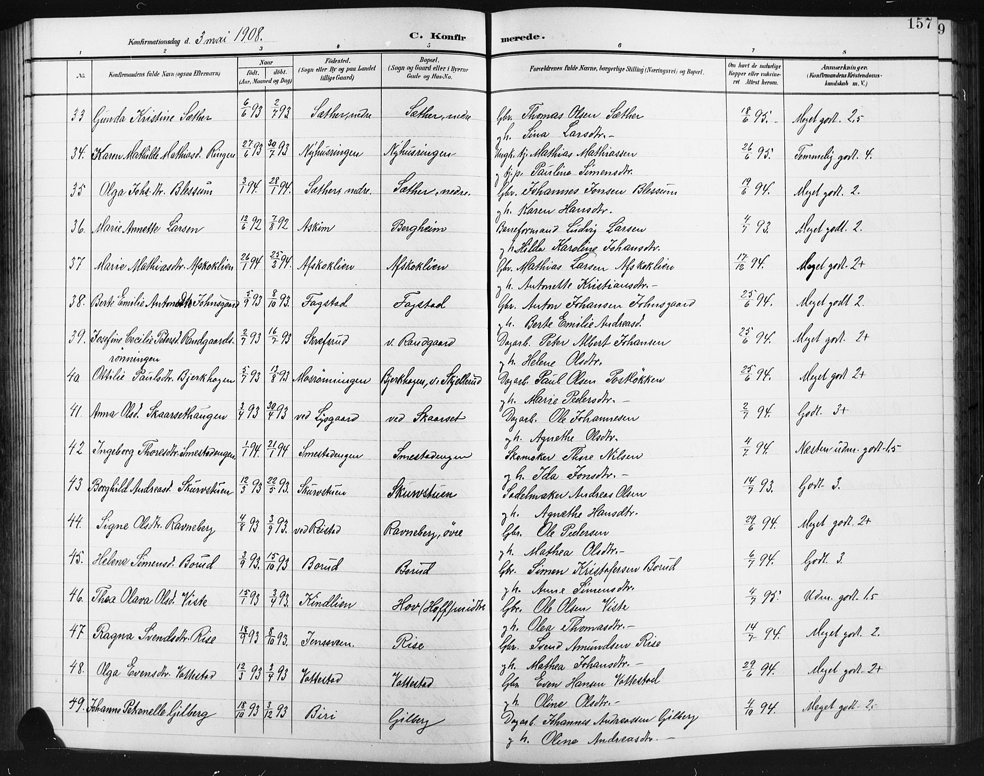 Fåberg prestekontor, SAH/PREST-086/H/Ha/Hab/L0012: Parish register (copy) no. 12, 1903-1924, p. 157