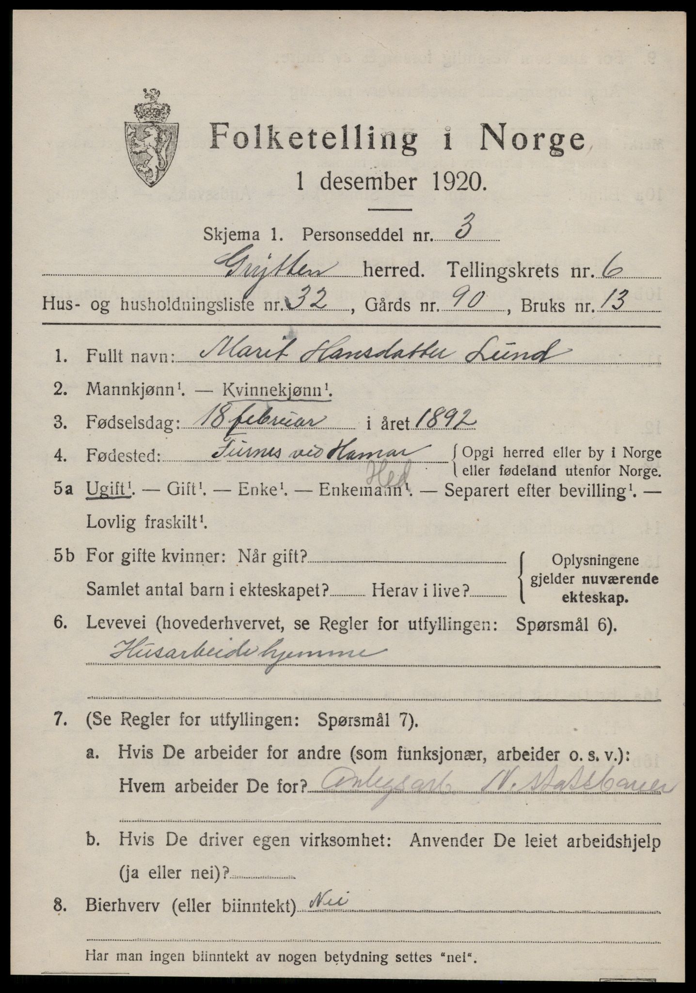 SAT, 1920 census for Grytten, 1920, p. 4518