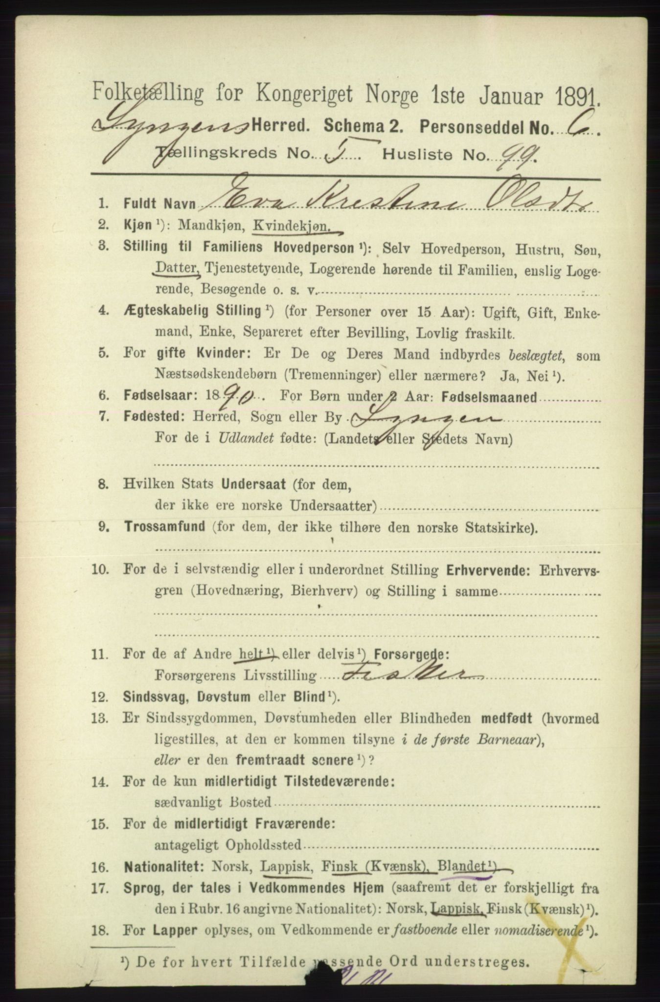 RA, 1891 census for 1938 Lyngen, 1891, p. 5081