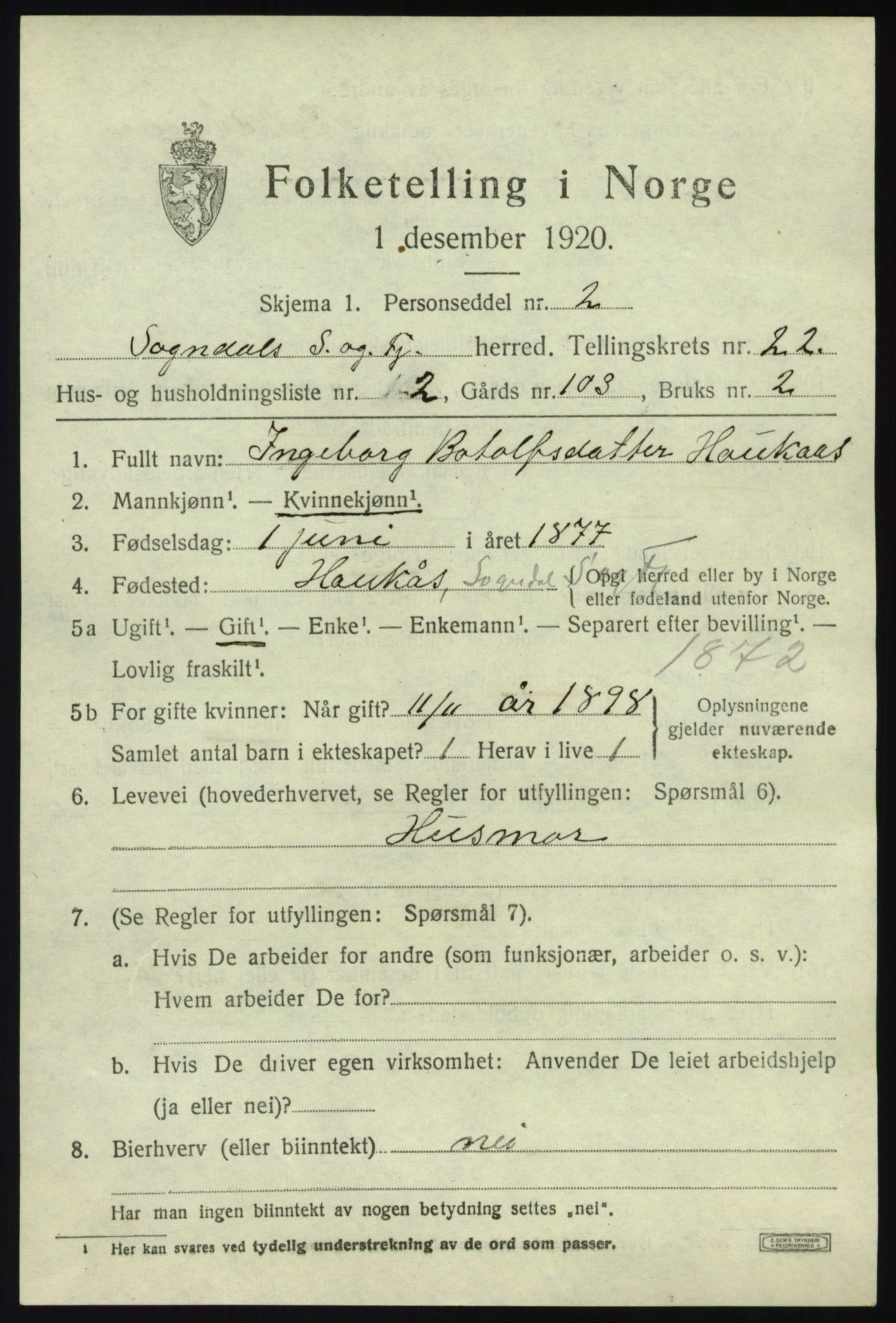 SAB, 1920 census for Sogndal, 1920, p. 7961