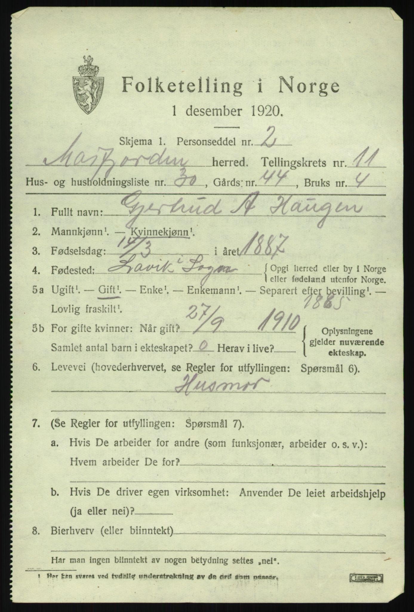 SAB, 1920 census for Masfjorden, 1920, p. 4481