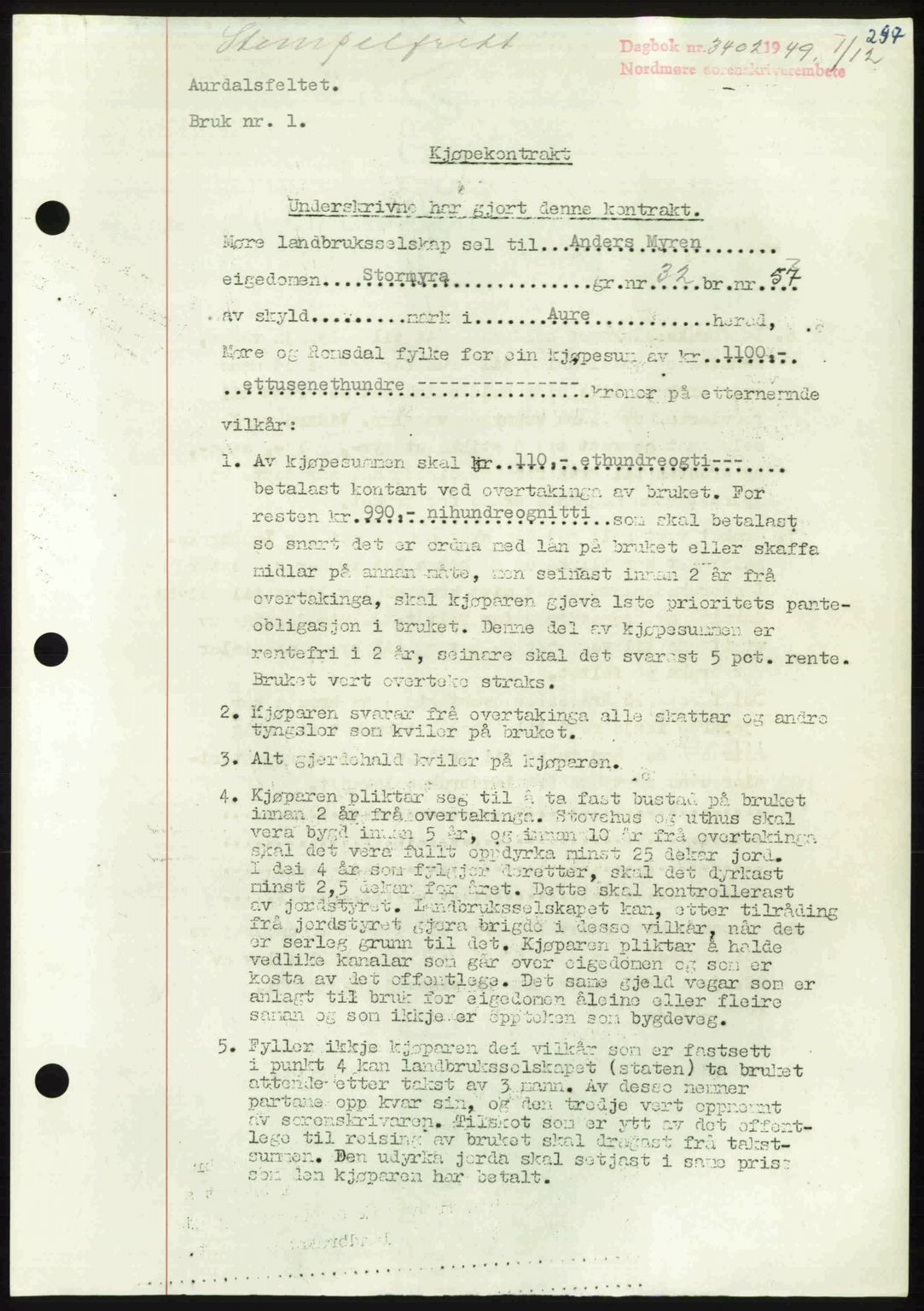 Nordmøre sorenskriveri, AV/SAT-A-4132/1/2/2Ca: Mortgage book no. A113, 1949-1950, Diary no: : 3402/1949