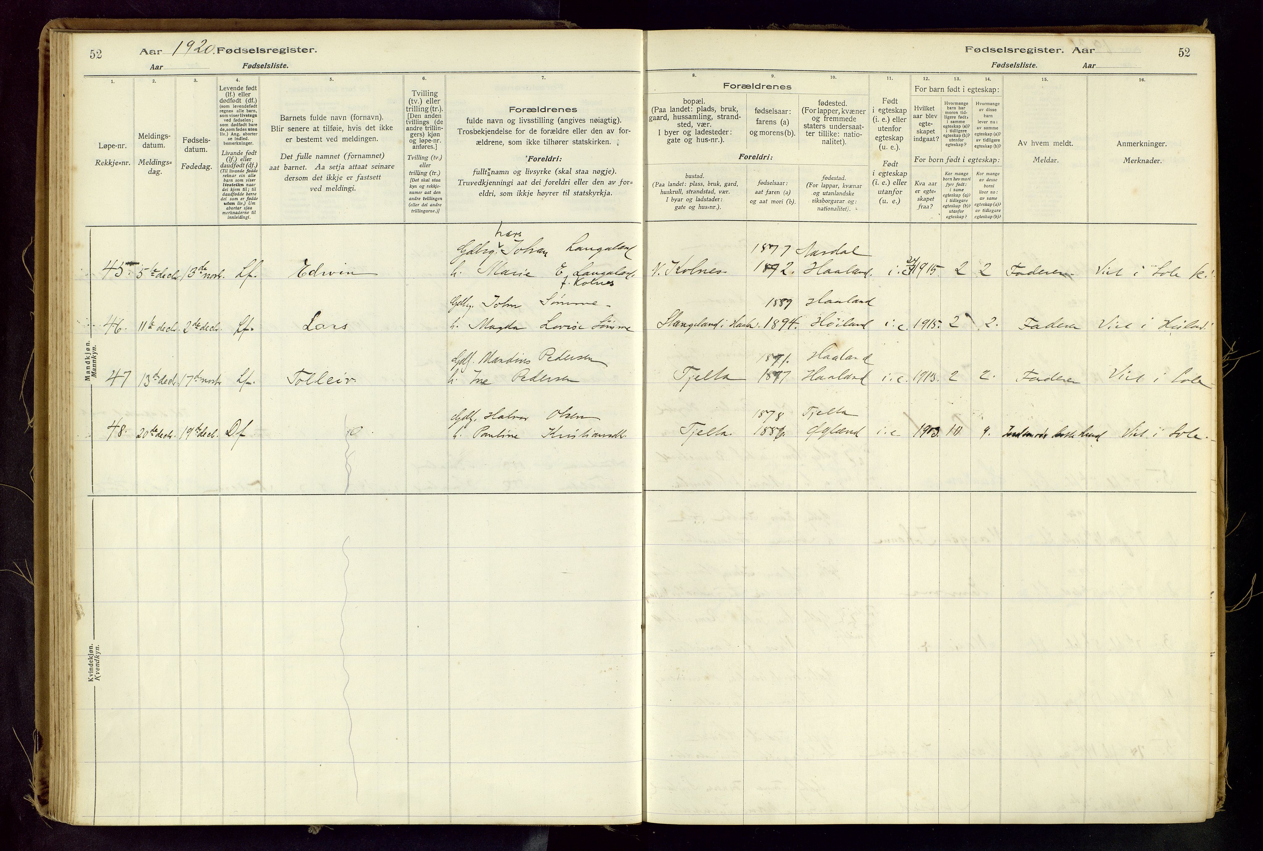 Håland sokneprestkontor, AV/SAST-A-101802/001/704BA/L0001: Birth register no. 1, 1916-1936, p. 52