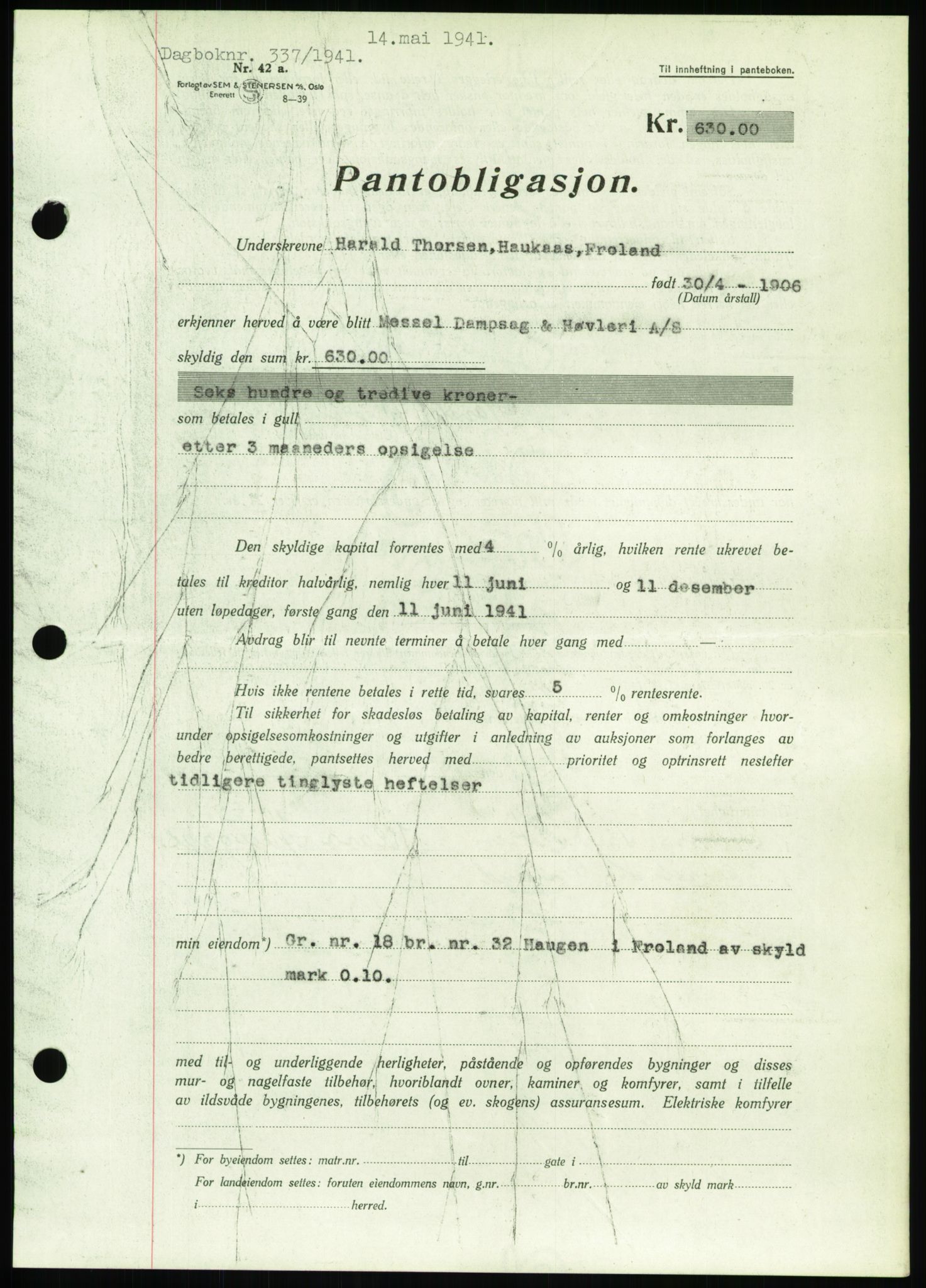 Nedenes sorenskriveri, AV/SAK-1221-0006/G/Gb/Gbb/L0001: Mortgage book no. I, 1939-1942, Diary no: : 337/1941