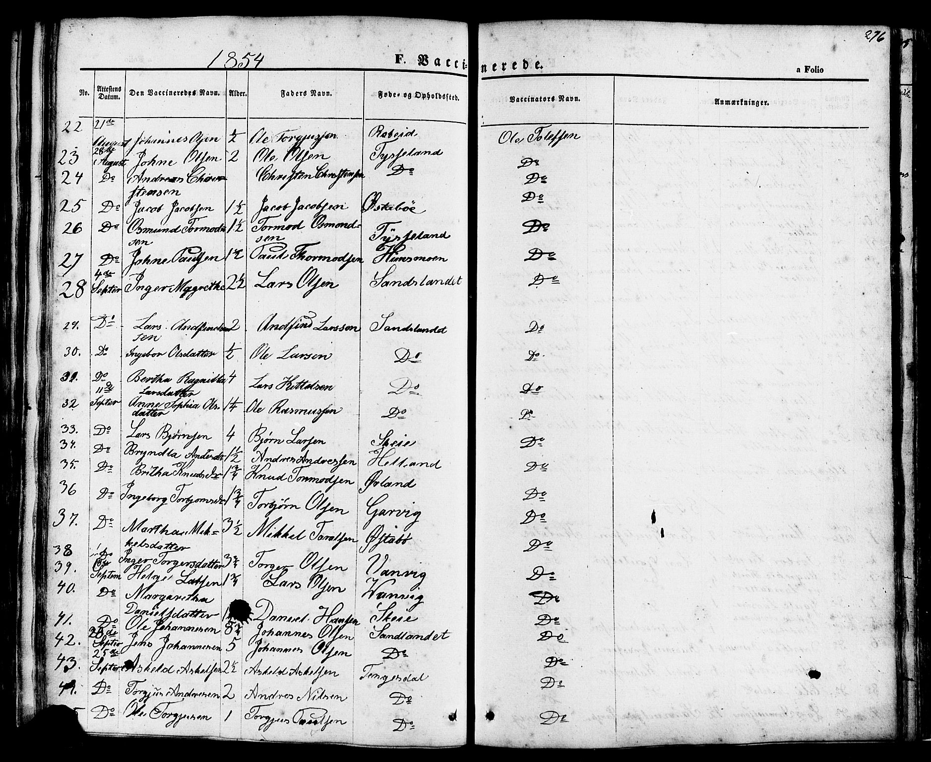 Sand sokneprestkontor, AV/SAST-A-101848/01/III/L0003: Parish register (official) no. A 3, 1854-1879, p. 276