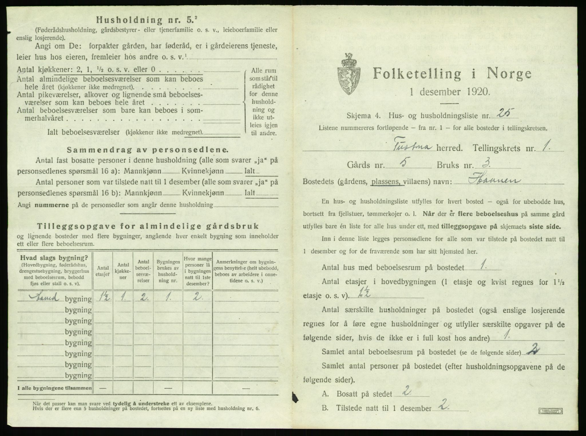 SAT, 1920 census for Tustna, 1920, p. 85