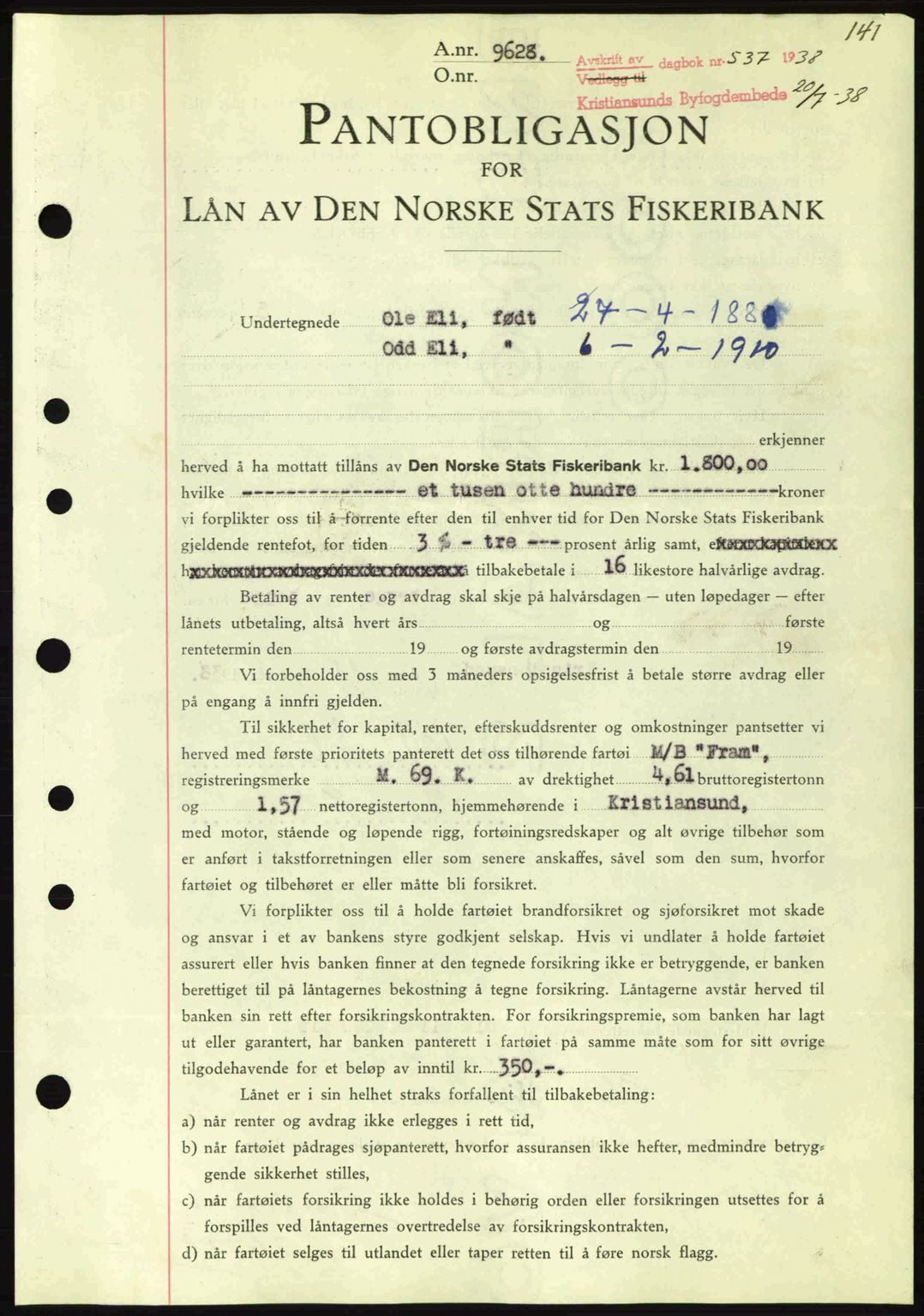 Kristiansund byfogd, SAT/A-4587/A/27: Mortgage book no. 31, 1938-1939, Diary no: : 537/1938