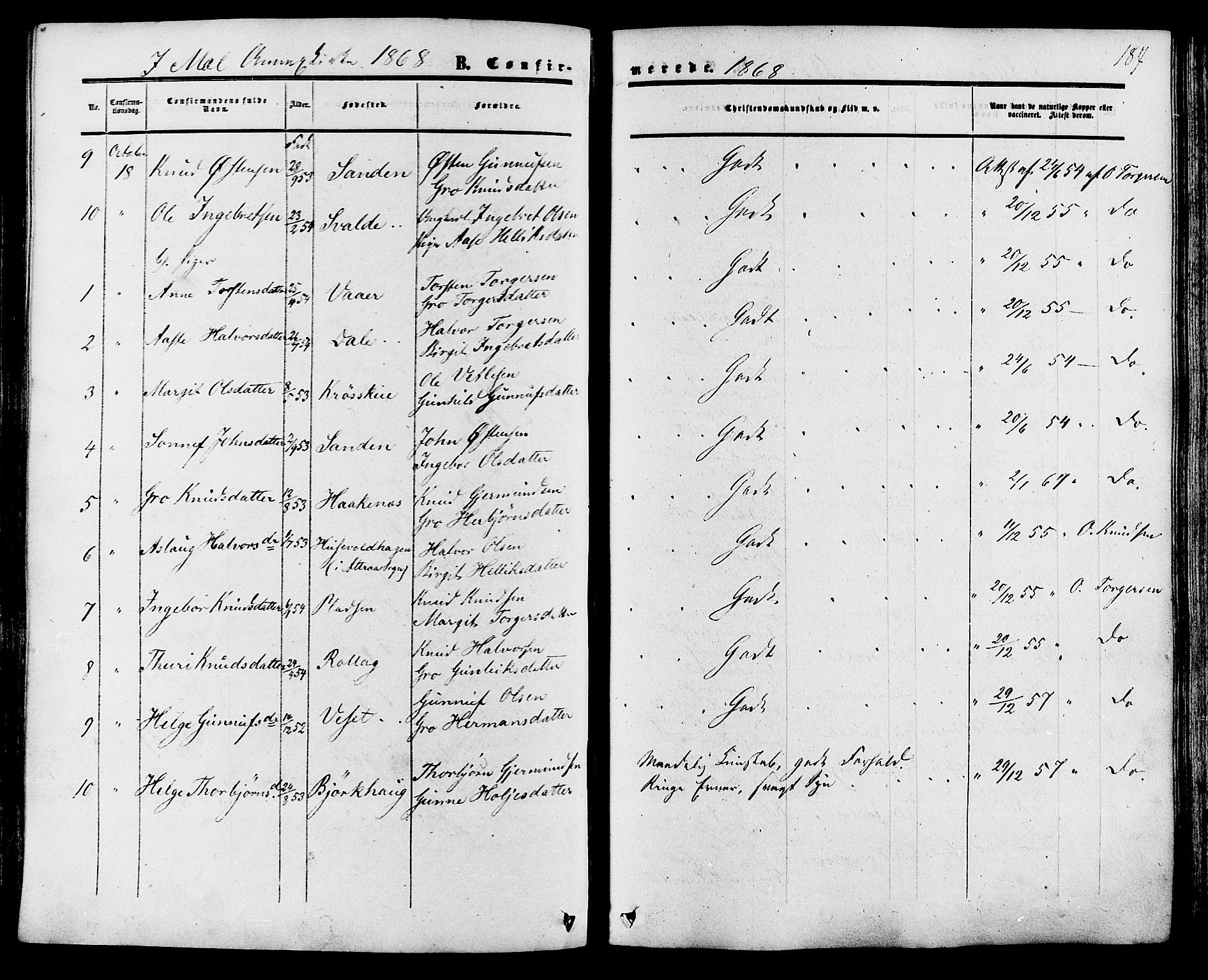 Tinn kirkebøker, AV/SAKO-A-308/F/Fa/L0006: Parish register (official) no. I 6, 1857-1878, p. 187