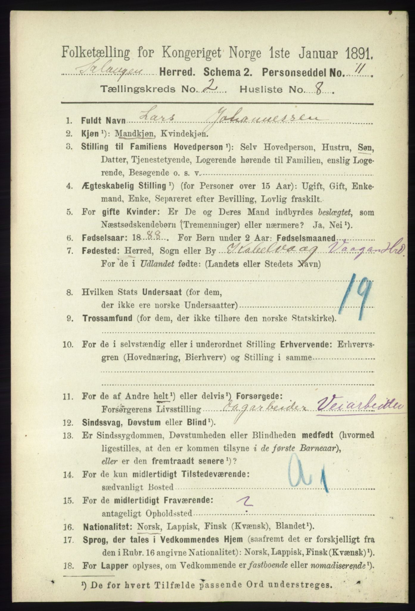 RA, 1891 census for 1921 Salangen, 1891, p. 624