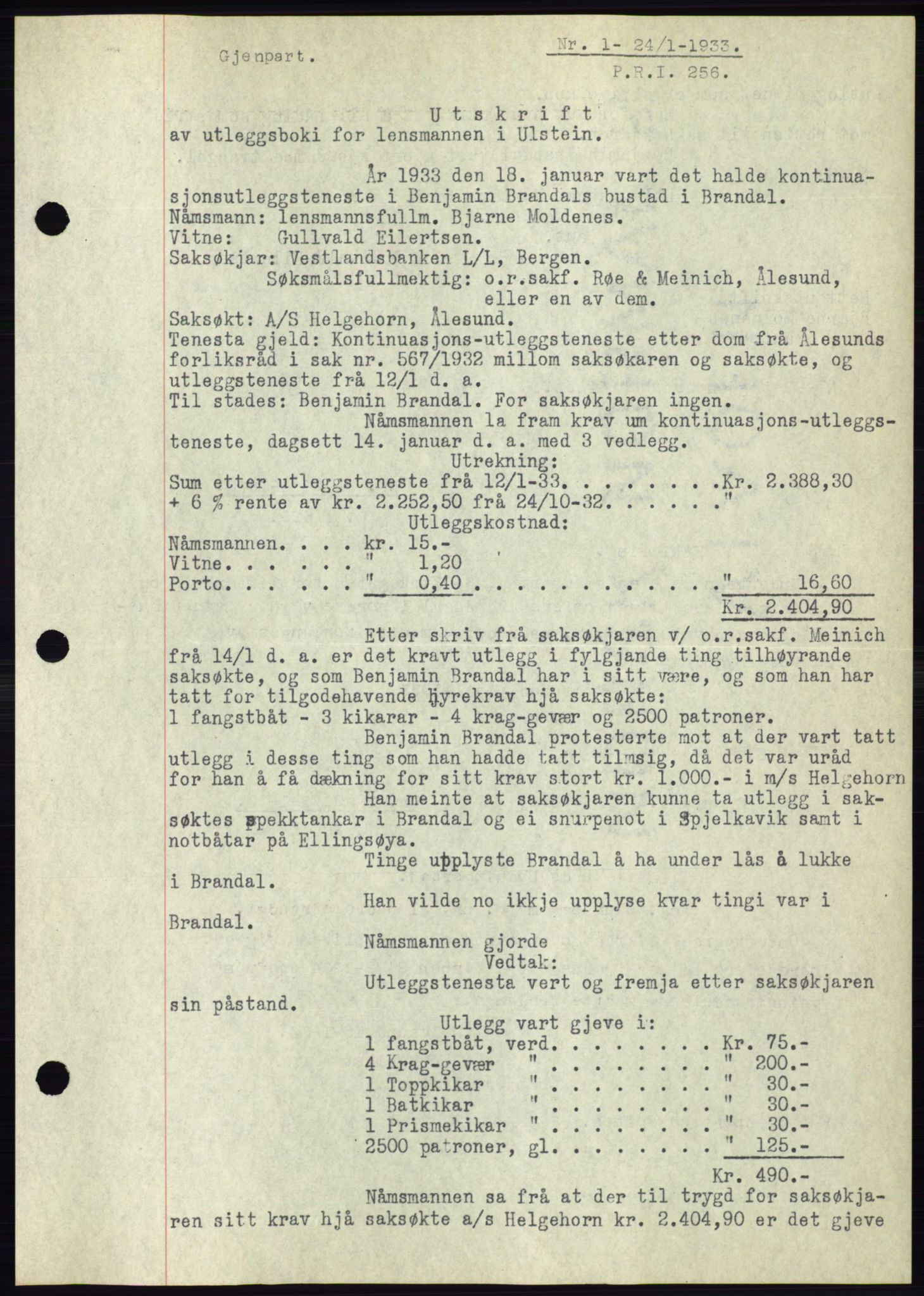 Ålesund byfogd, AV/SAT-A-4384: Mortgage book no. 30, 1932-1933, Deed date: 24.01.1933