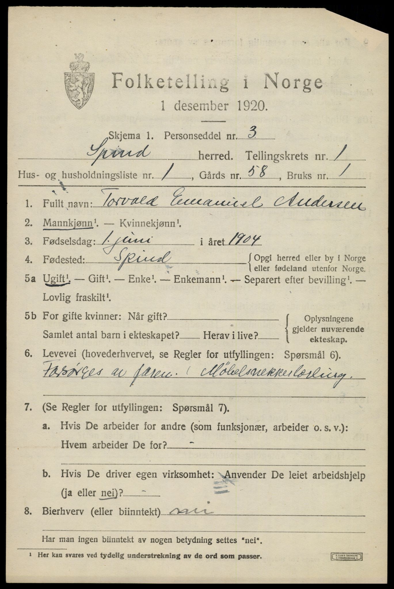 SAK, 1920 census for Spind, 1920, p. 571