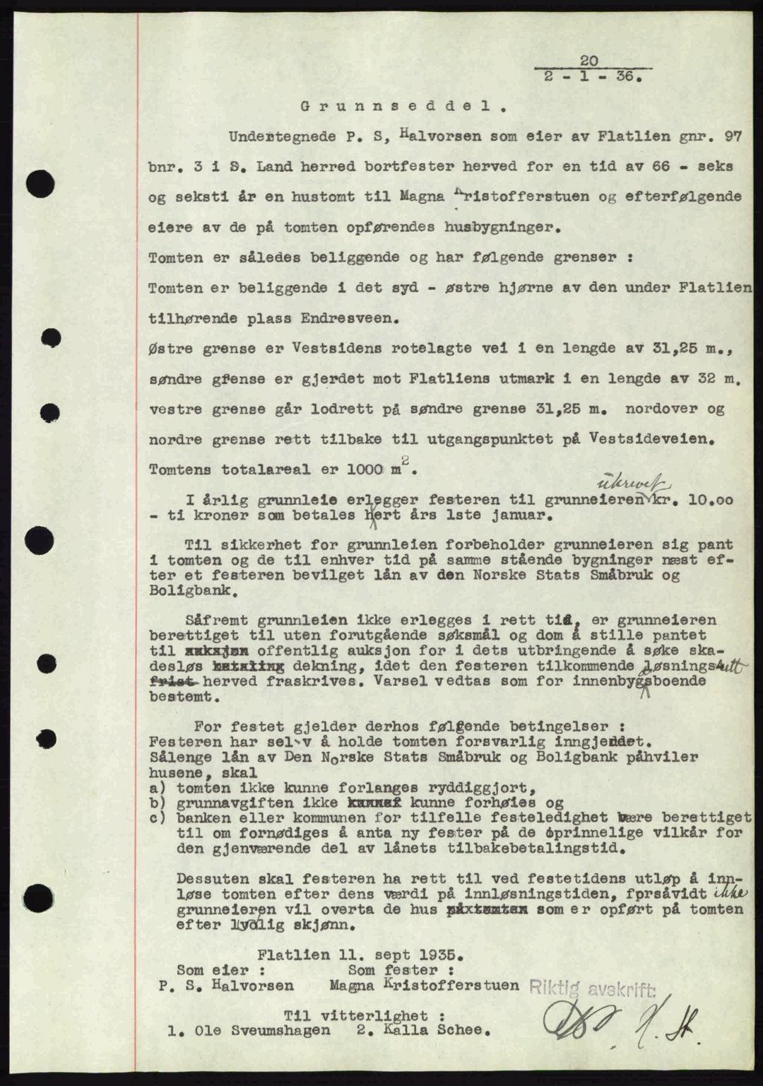 Hadeland og Land tingrett, AV/SAH-TING-010/H/Hb/Hbb/L0072: Mortgage book no. A72, 1936-1936, Diary no: : 20/1936