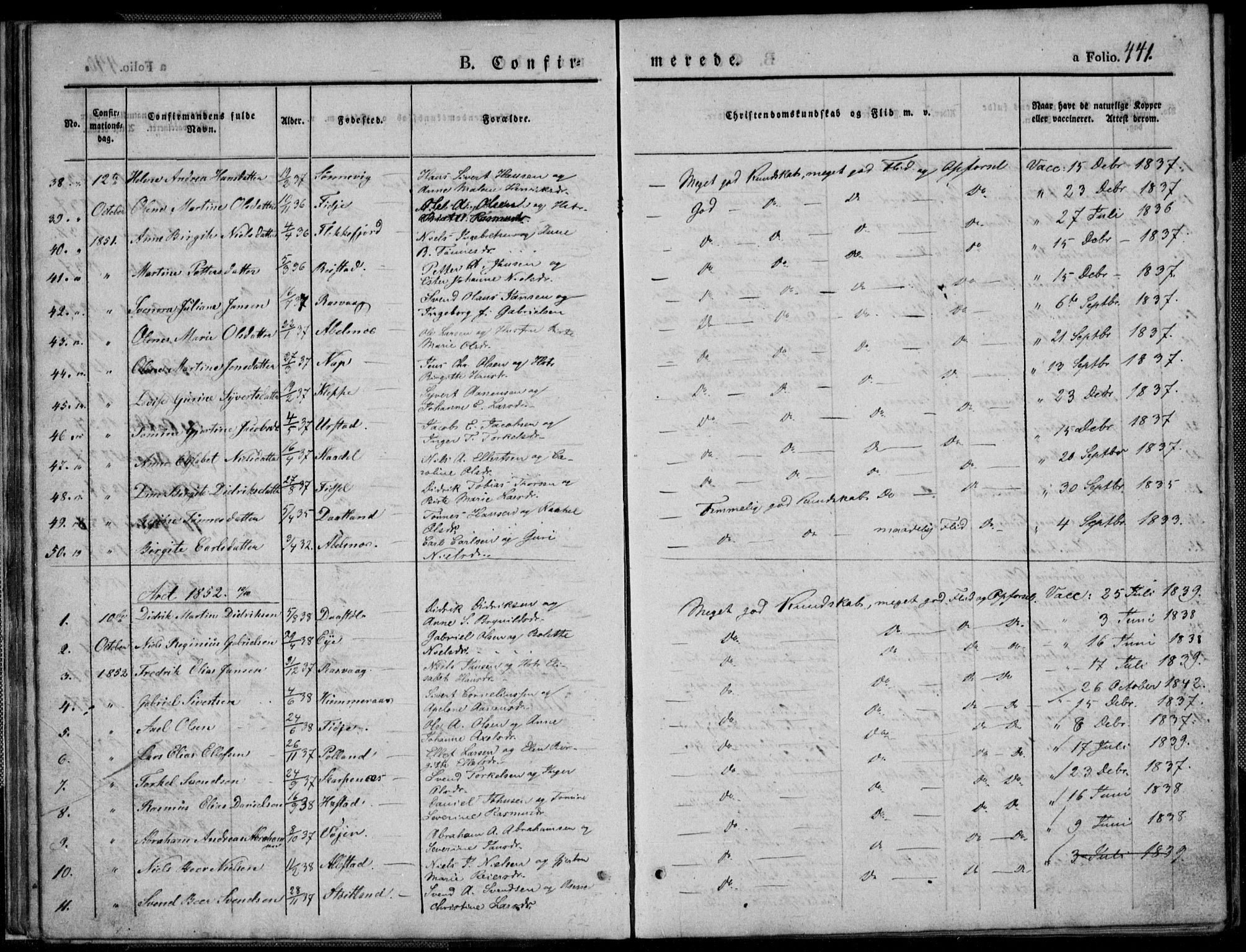 Flekkefjord sokneprestkontor, SAK/1111-0012/F/Fb/Fbb/L0002: Parish register (copy) no. B 2b, 1831-1866, p. 441