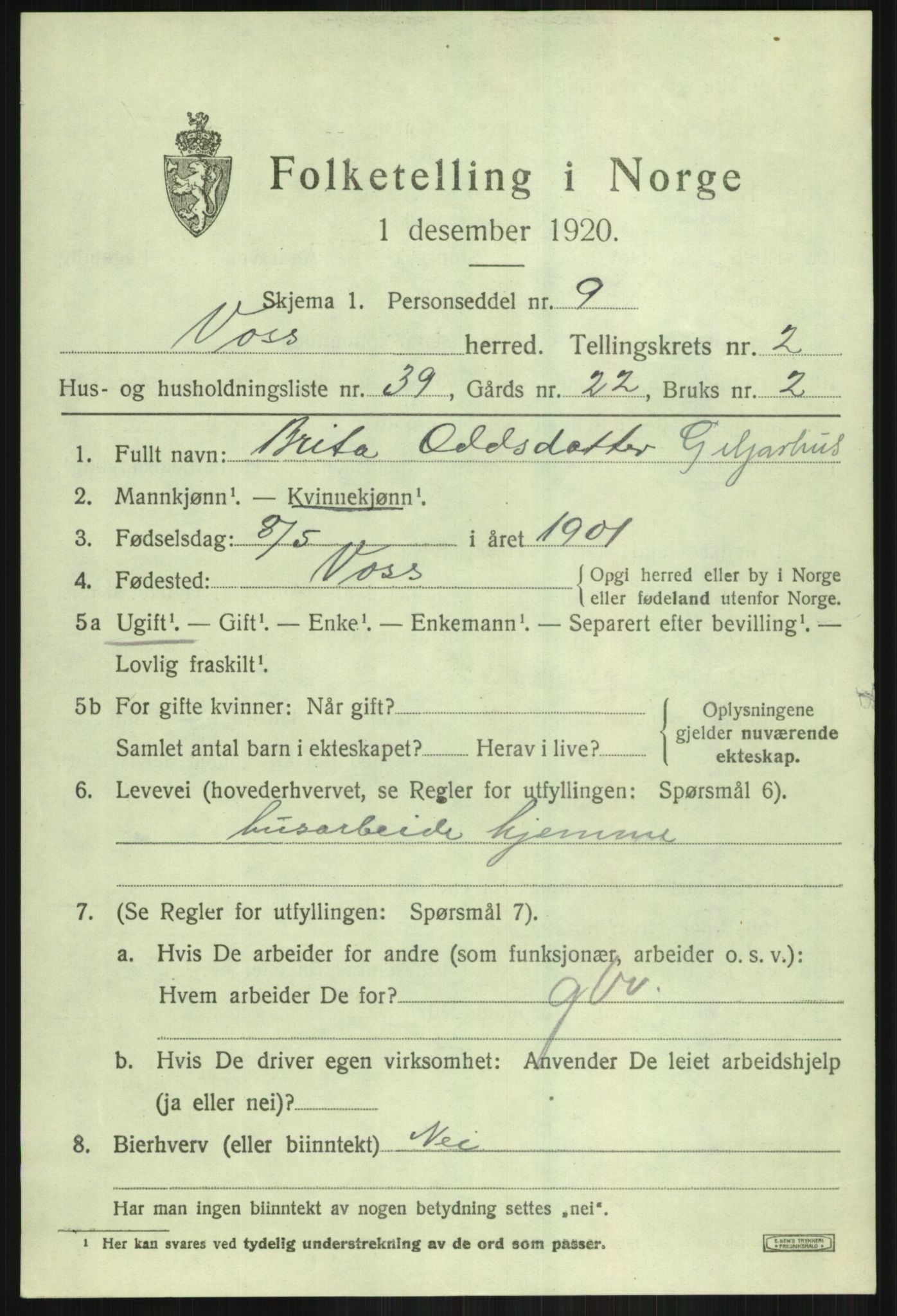 SAB, 1920 census for Voss, 1920, p. 3957