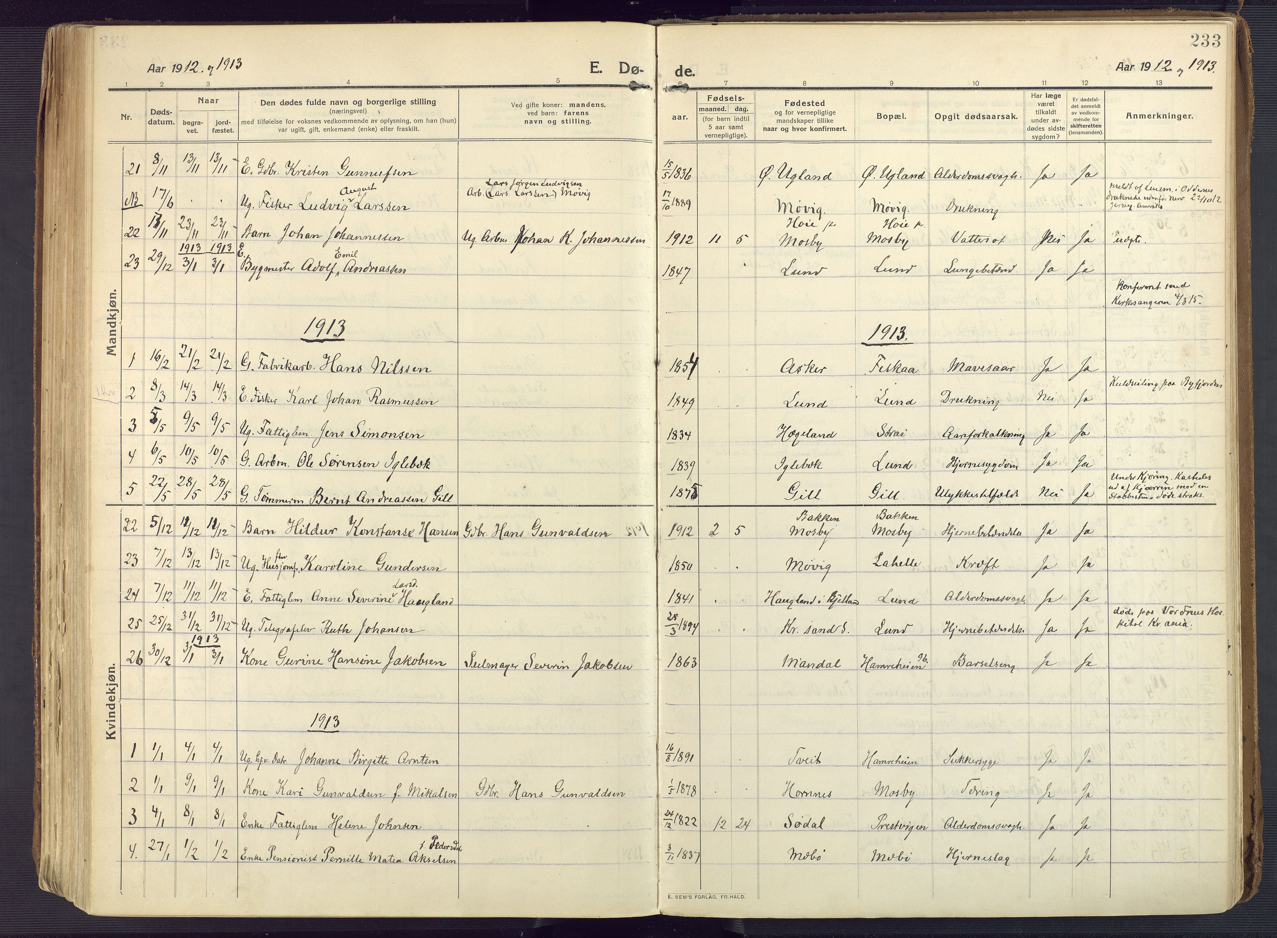 Oddernes sokneprestkontor, SAK/1111-0033/F/Fa/Faa/L0012: Parish register (official) no. A 12, 1912-1925, p. 233