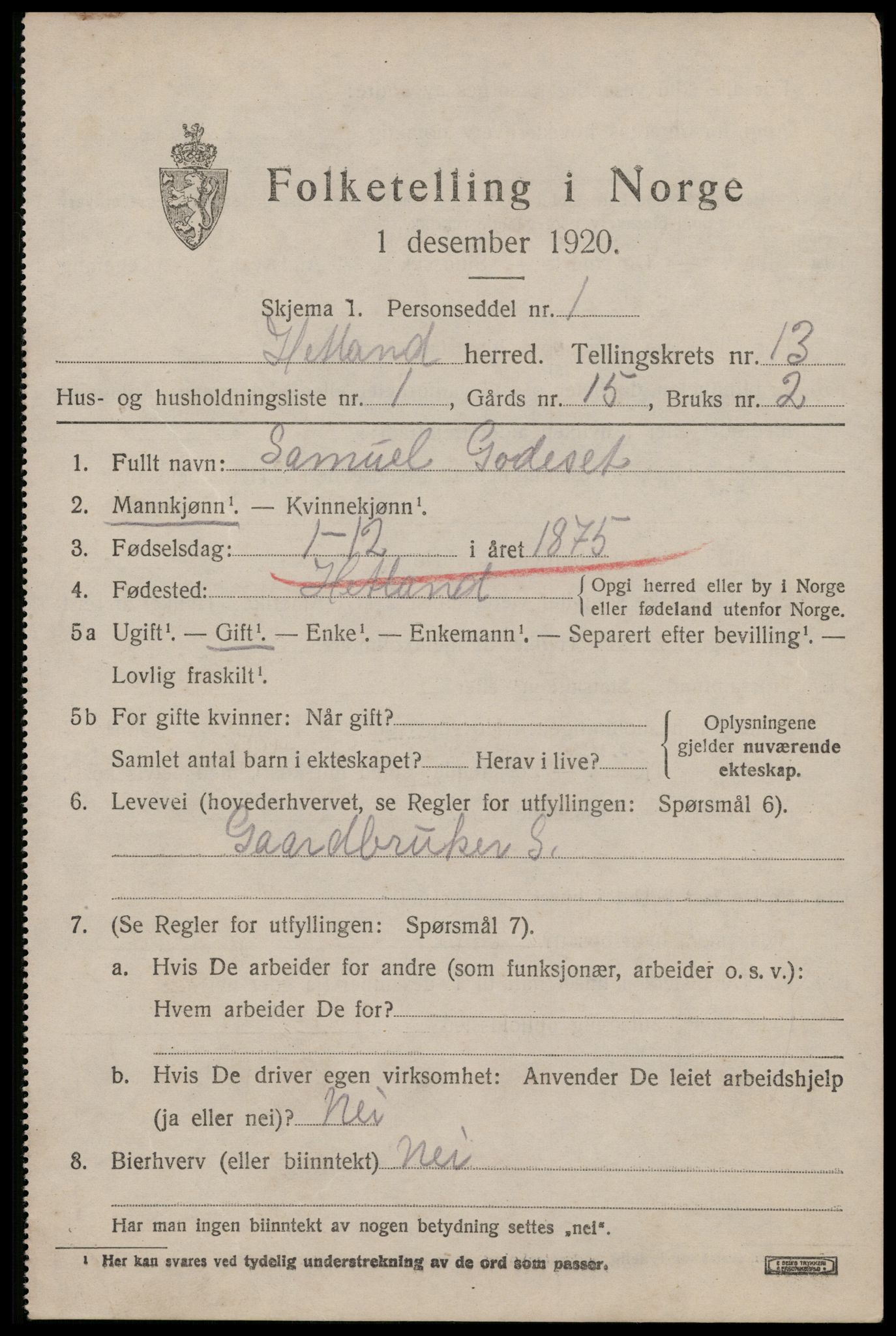 SAST, 1920 census for Hetland, 1920, p. 21643