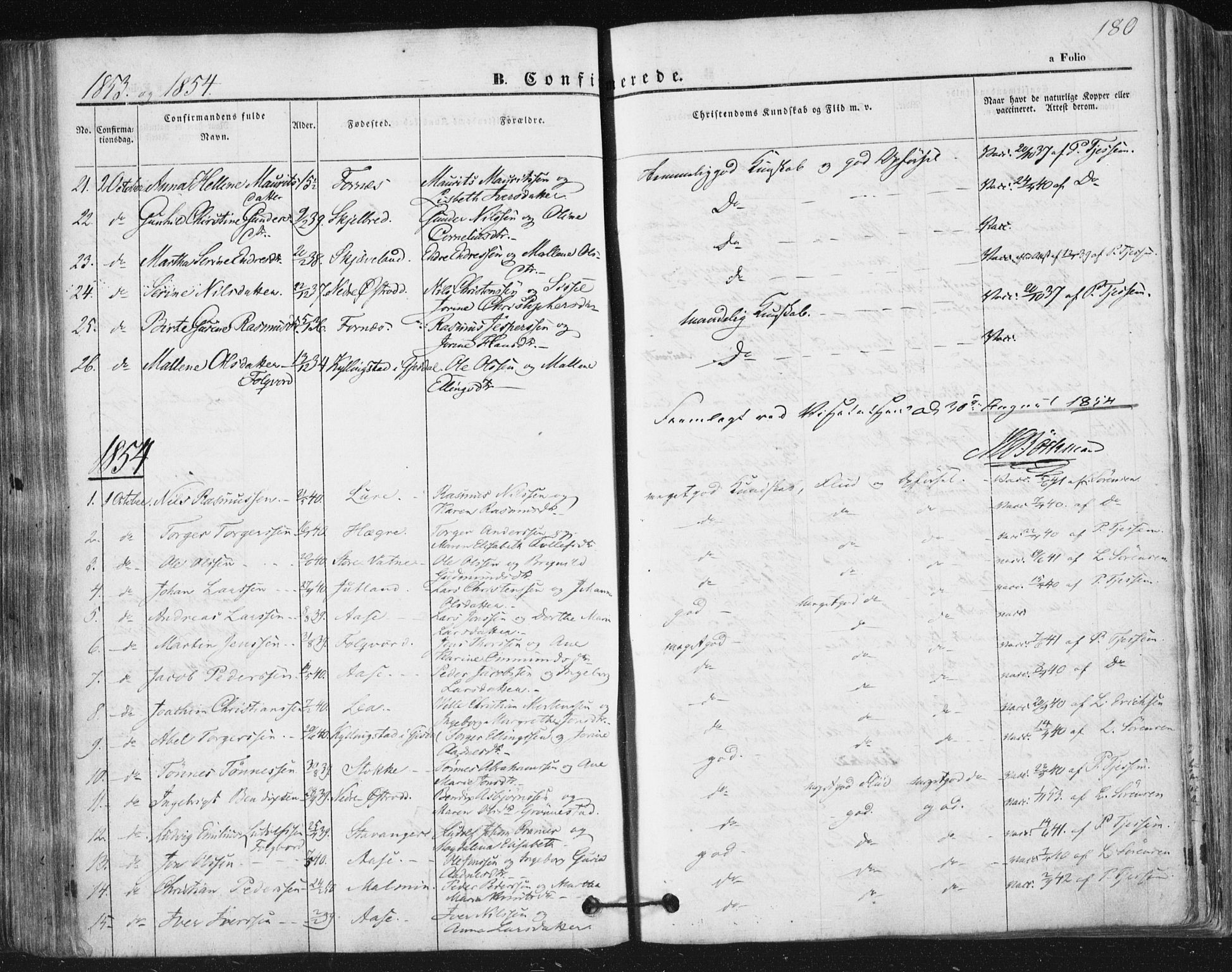 Høyland sokneprestkontor, AV/SAST-A-101799/001/30BA/L0008: Parish register (official) no. A 8, 1841-1856, p. 180