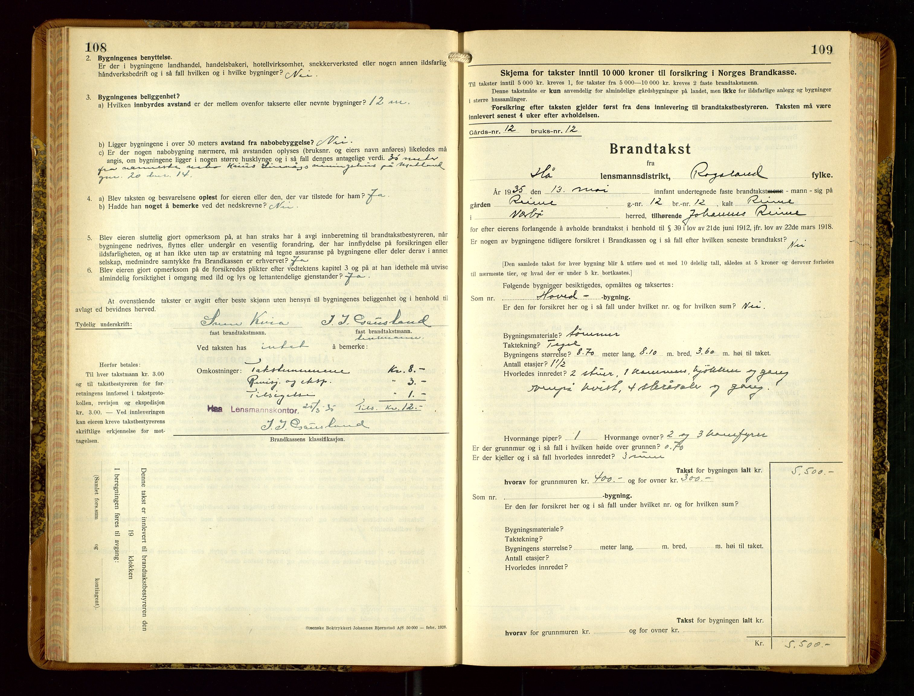 Hå lensmannskontor, AV/SAST-A-100456/Goa/L0006: Takstprotokoll (skjema), 1932-1938, p. 108-109