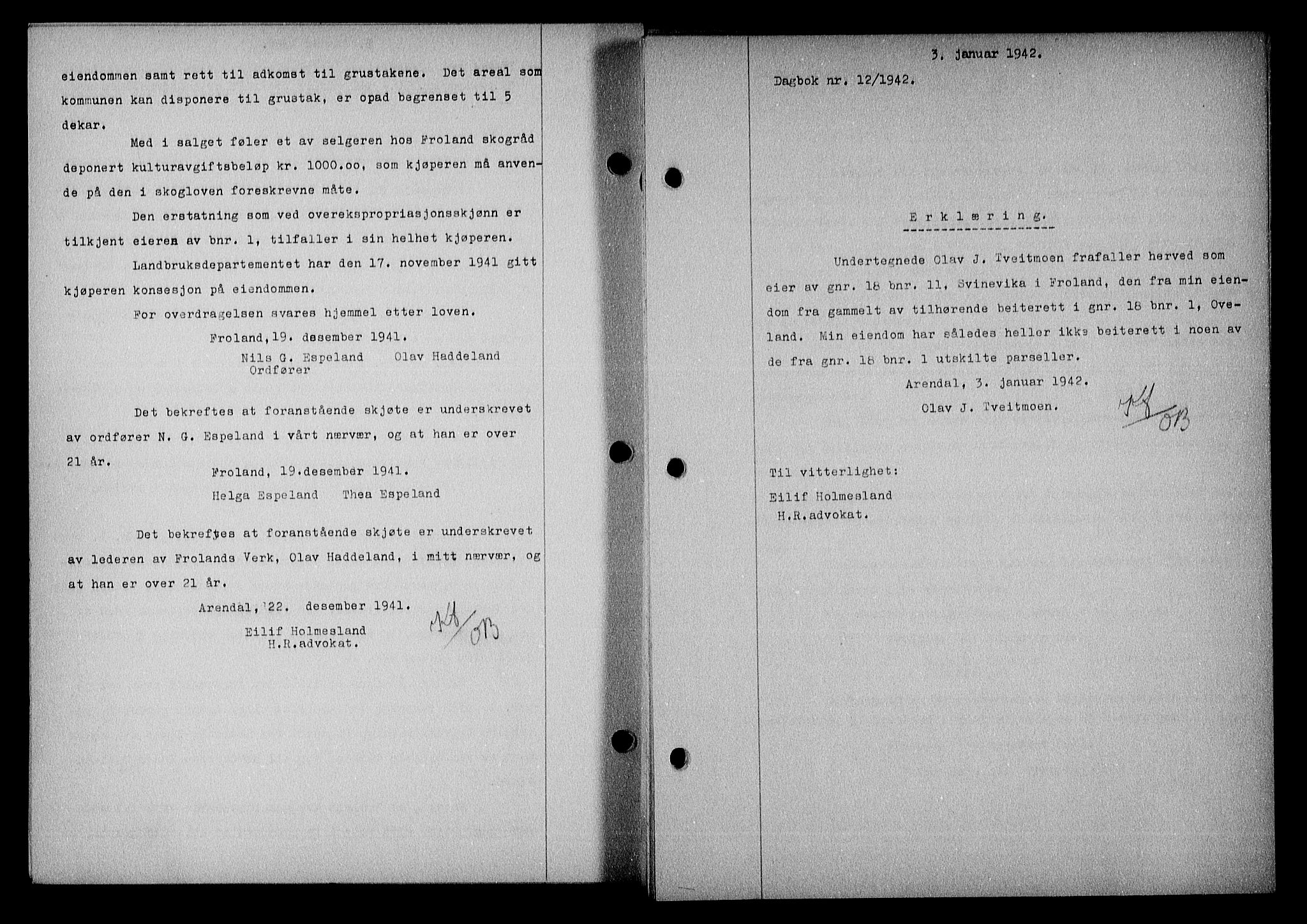 Nedenes sorenskriveri, SAK/1221-0006/G/Gb/Gba/L0049: Mortgage book no. A-III, 1941-1942, Diary no: : 12/1942