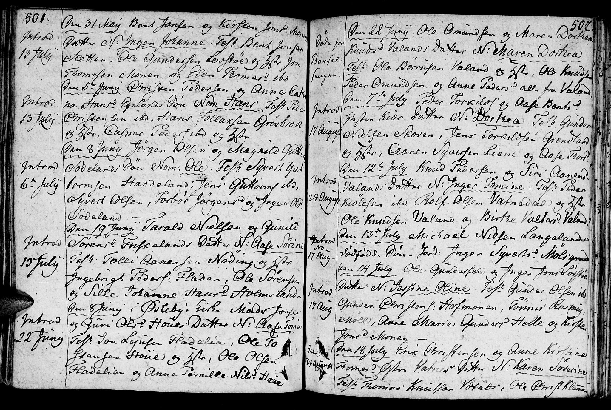 Holum sokneprestkontor, AV/SAK-1111-0022/F/Fa/Faa/L0003: Parish register (official) no. A 3, 1780-1821, p. 501-502