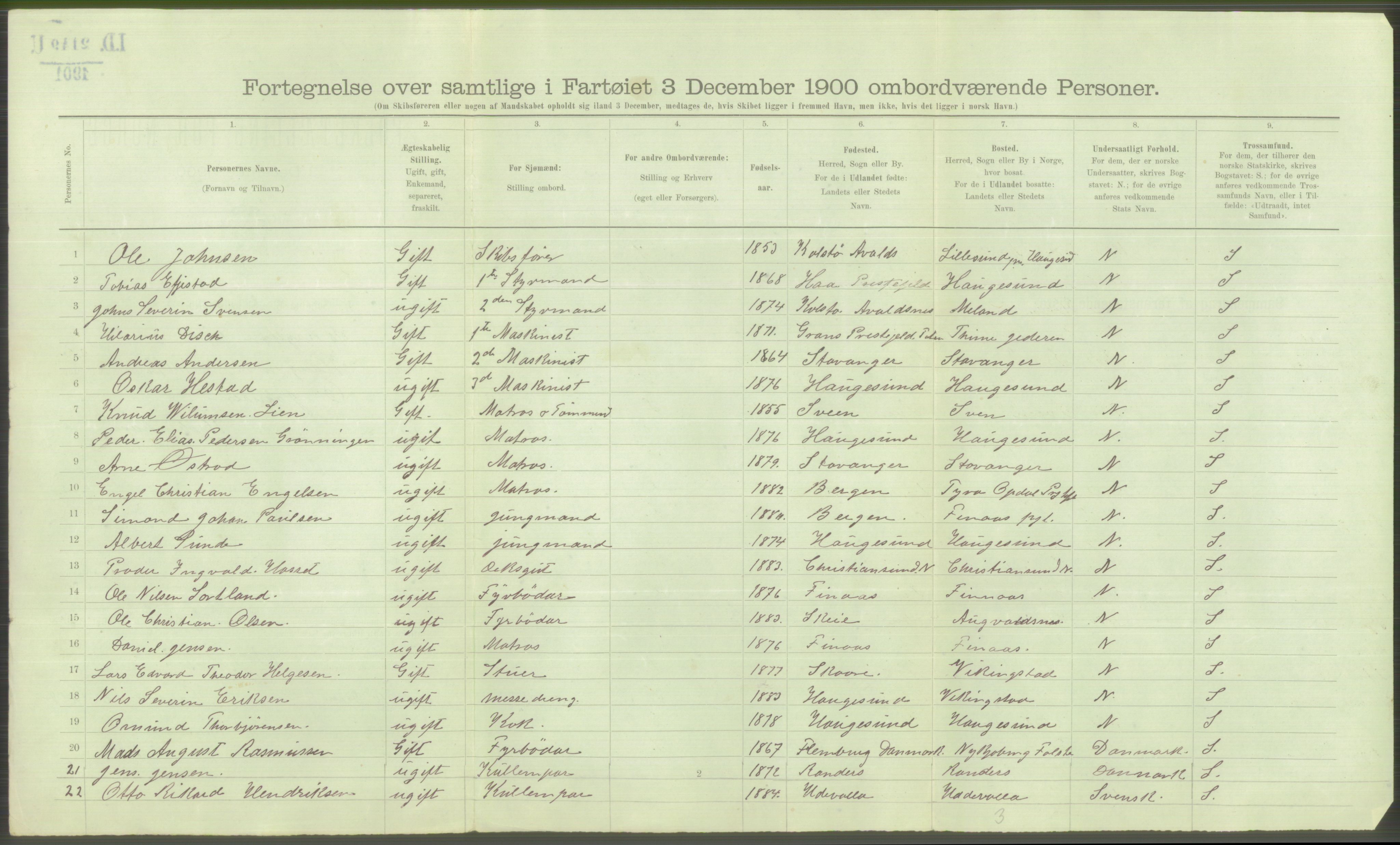 RA, 1900 Census - ship lists from ships in Norwegian harbours, harbours abroad and at sea, 1900, p. 3596