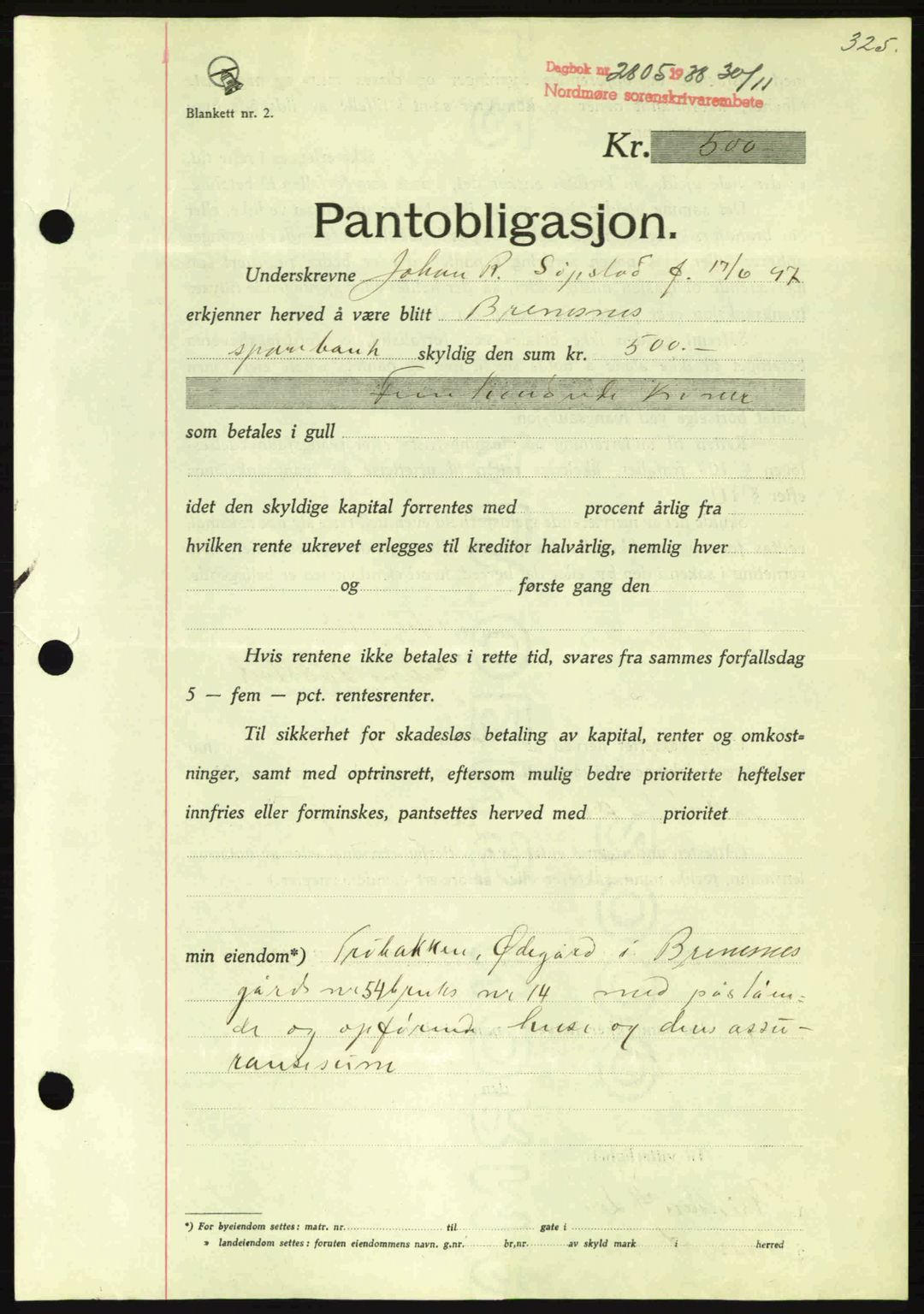 Nordmøre sorenskriveri, SAT/A-4132/1/2/2Ca: Mortgage book no. B84, 1938-1939, Diary no: : 2805/1938