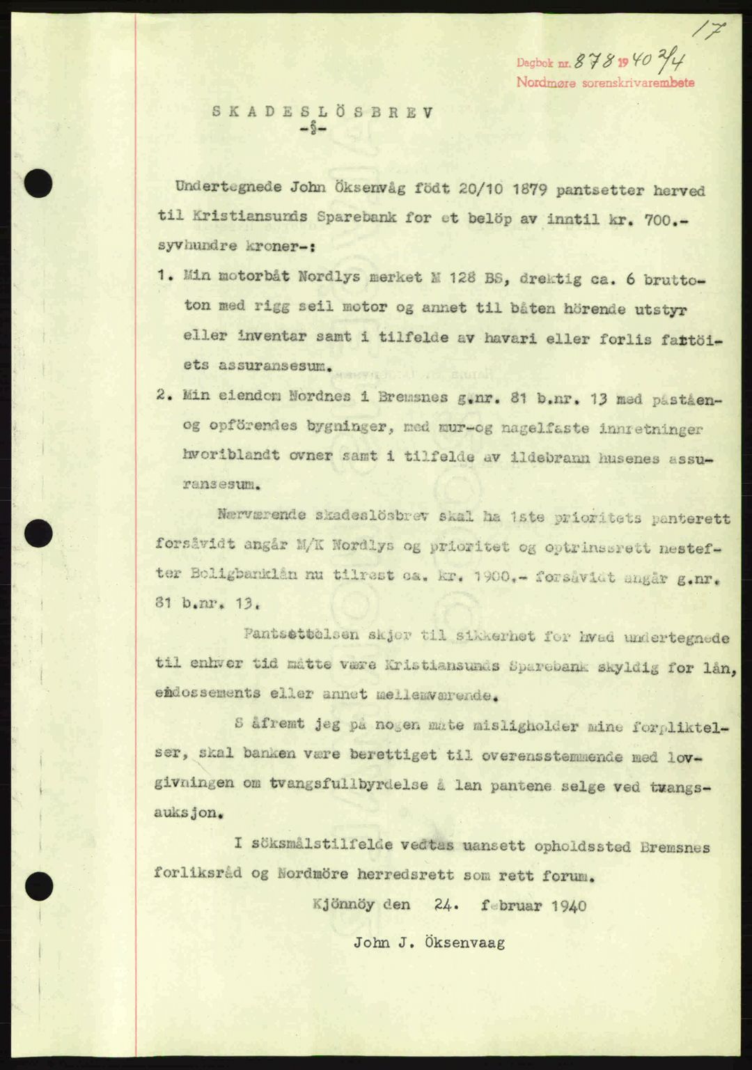 Nordmøre sorenskriveri, AV/SAT-A-4132/1/2/2Ca: Mortgage book no. B87, 1940-1941, Diary no: : 878/1940