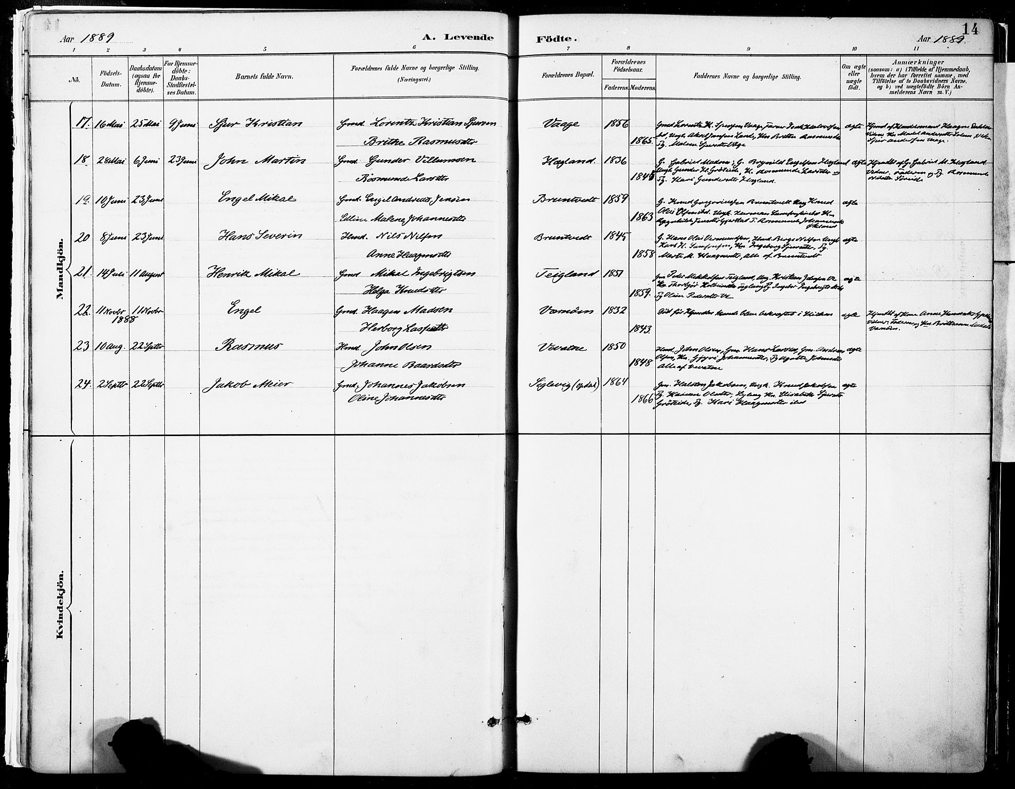 Tysnes sokneprestembete, AV/SAB-A-78601/H/Haa: Parish register (official) no. B 1, 1887-1906, p. 14