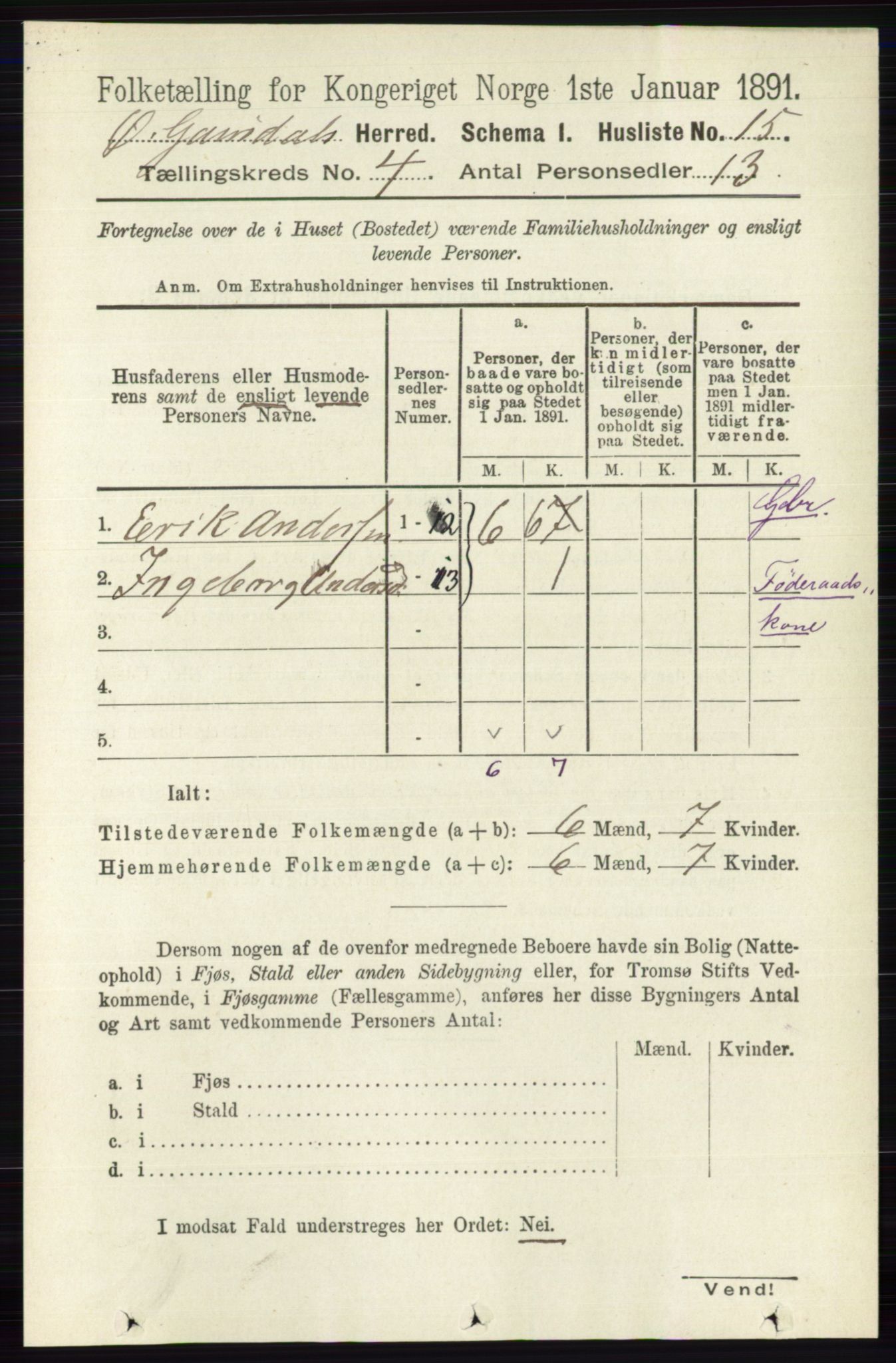 RA, 1891 census for 0522 Østre Gausdal, 1891, p. 2394