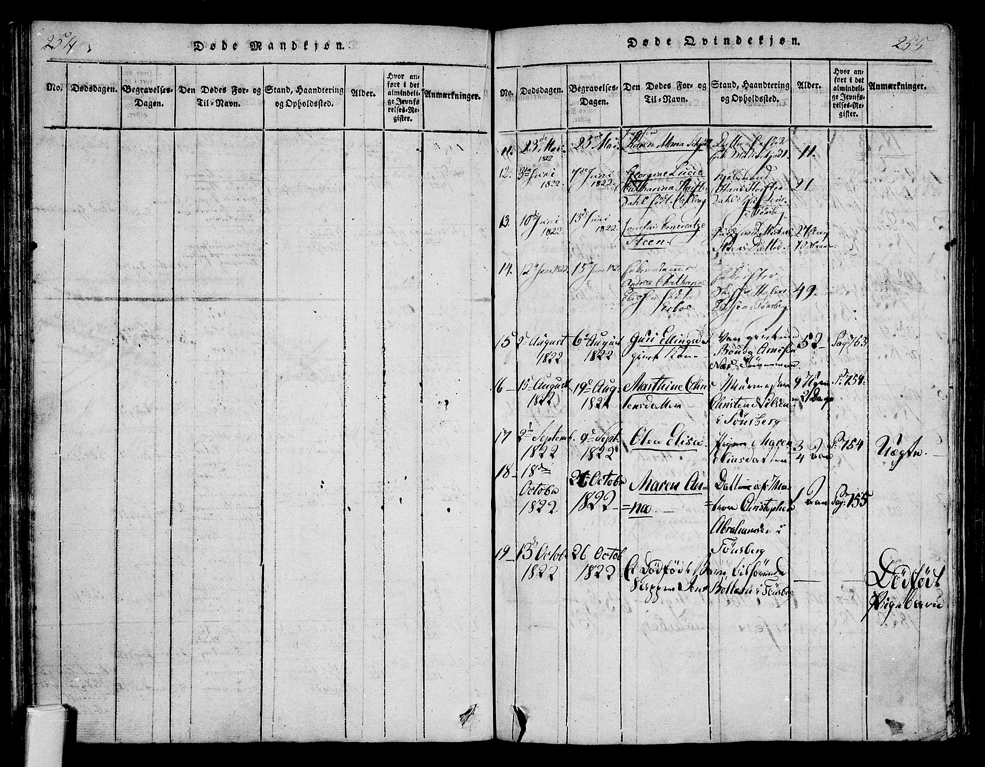 Tønsberg kirkebøker, SAKO/A-330/F/Fa/L0004: Parish register (official) no. I 4, 1813-1826, p. 254-255