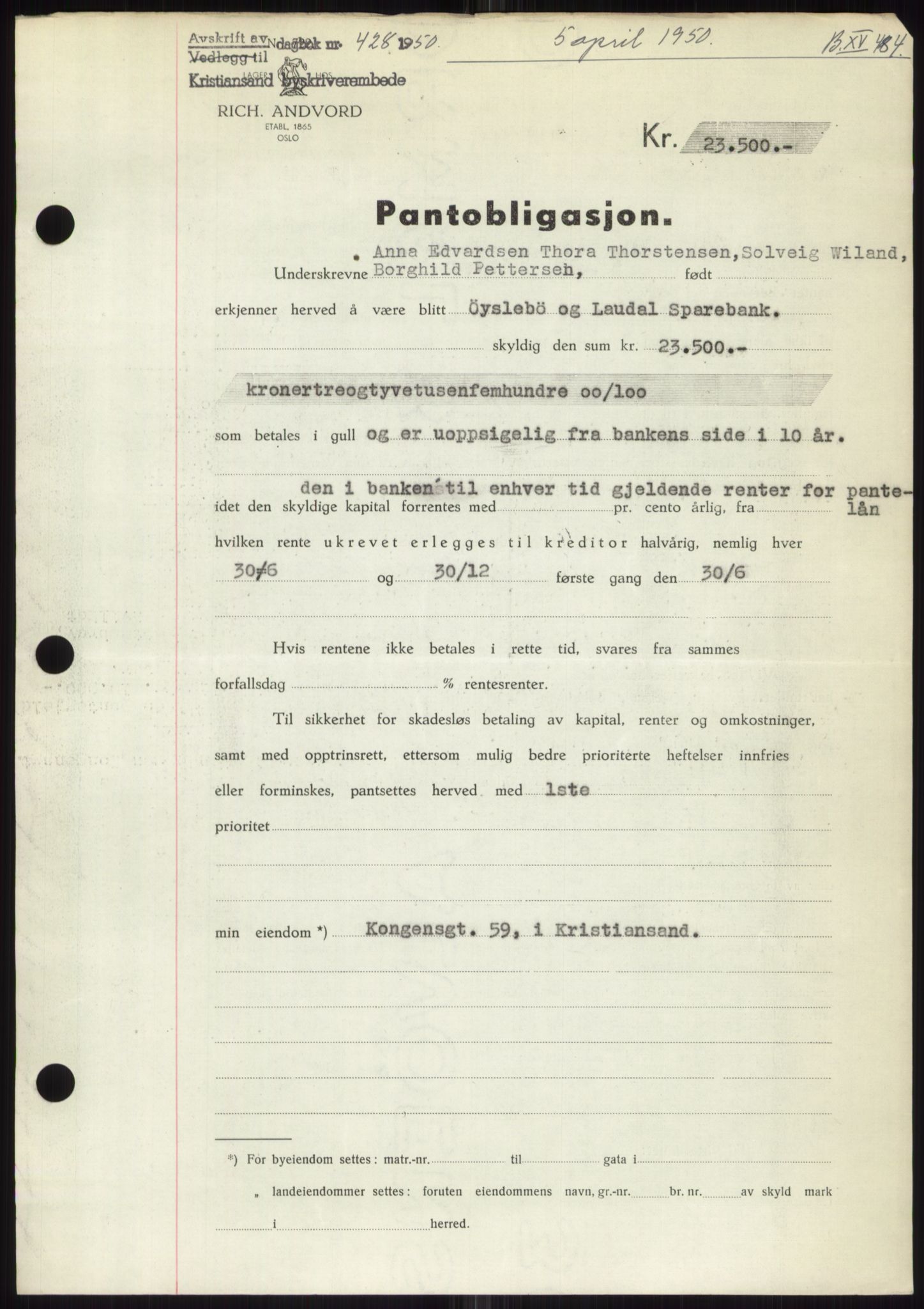 Kristiansand byrett, AV/SAK-1223-0001/G/Gb/Gbb/L0012: Mortgage book no. B 15, 1949-1950, Diary no: : 428/1950