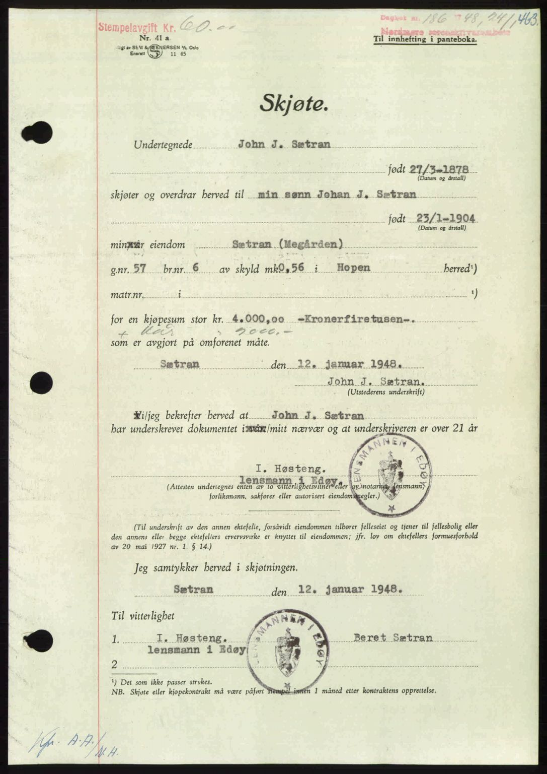 Nordmøre sorenskriveri, AV/SAT-A-4132/1/2/2Ca: Mortgage book no. A107, 1947-1948, Diary no: : 186/1948